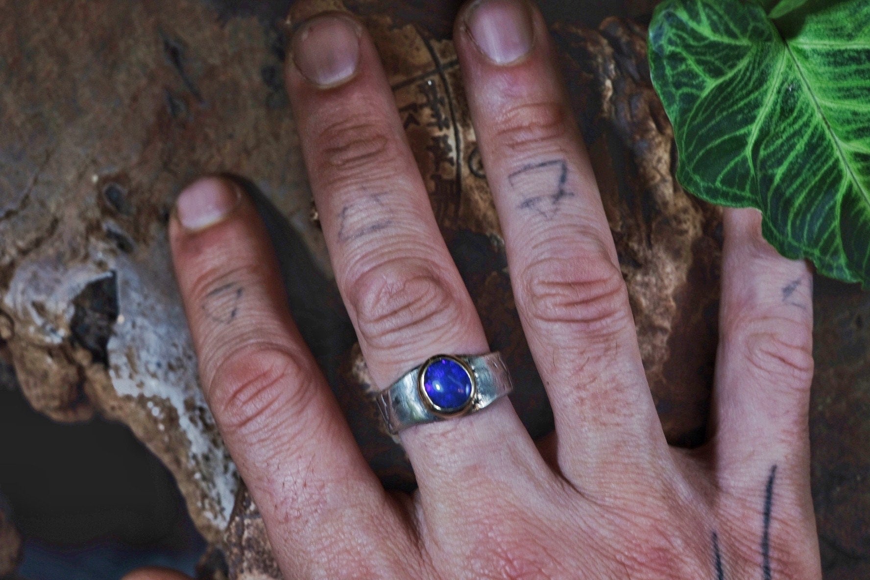 Electric Blue Solid Lightning Ridge Black Opal in Chunky Textured Gold and Silver Ring ~ Band US Size