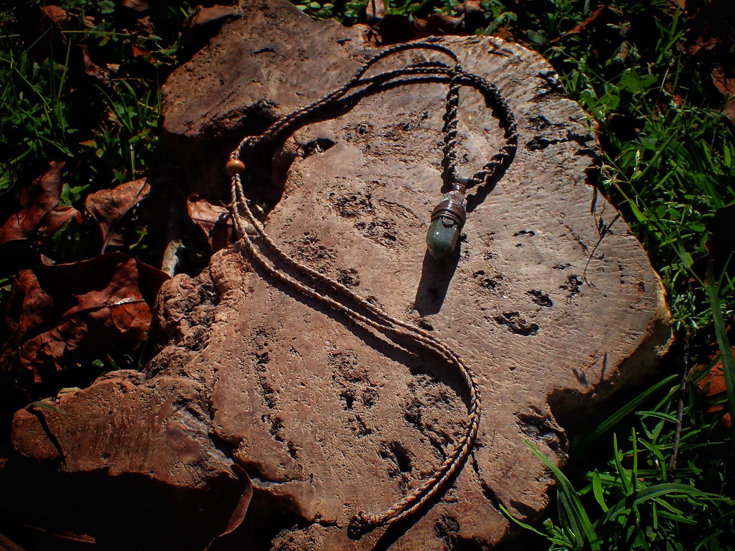 Green Quartz Pendant with Adjustable Hand Woven Macrame Style Necklace