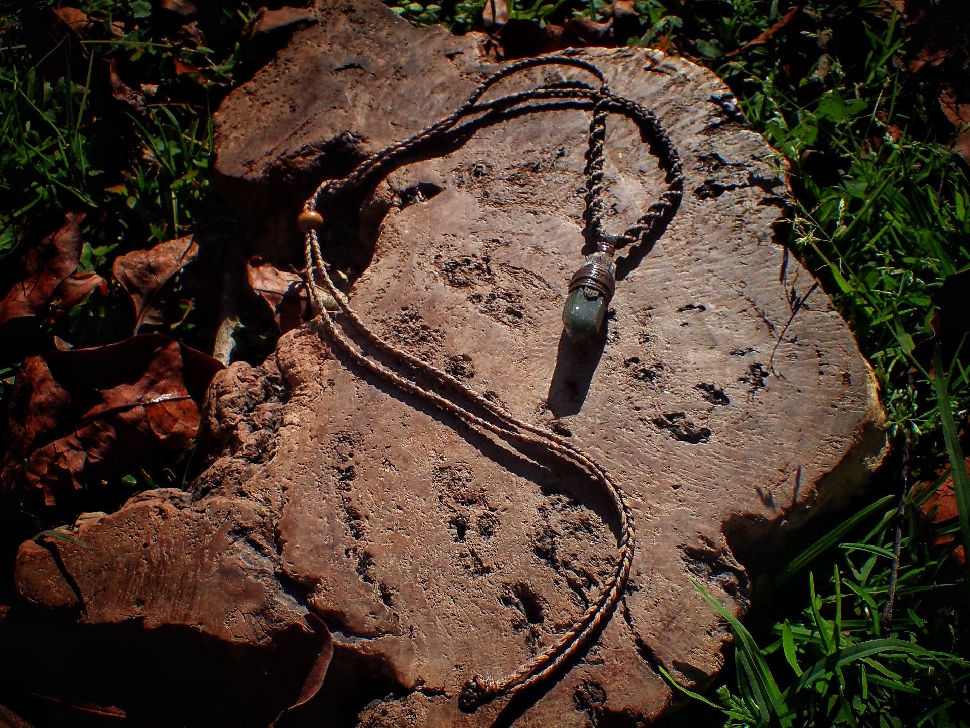 Green Quartz Pendant with Adjustable Hand Woven Macrame Style Necklace