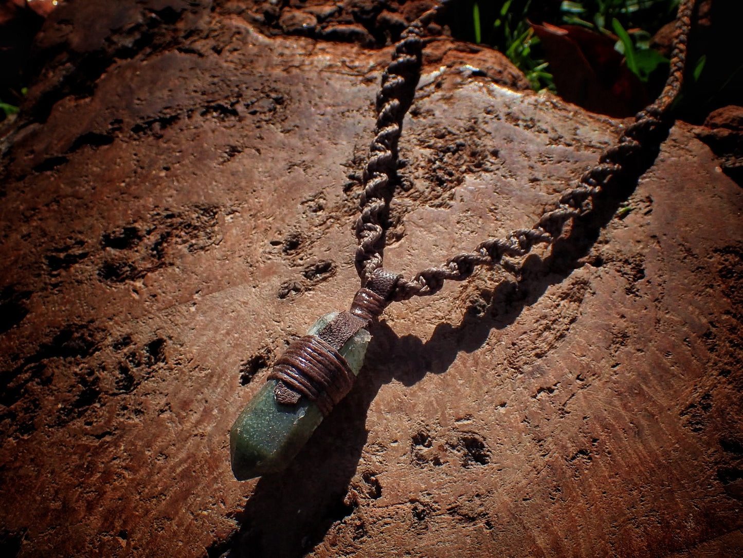 Green Quartz Pendant with Adjustable Hand Woven Macrame Style Necklace
