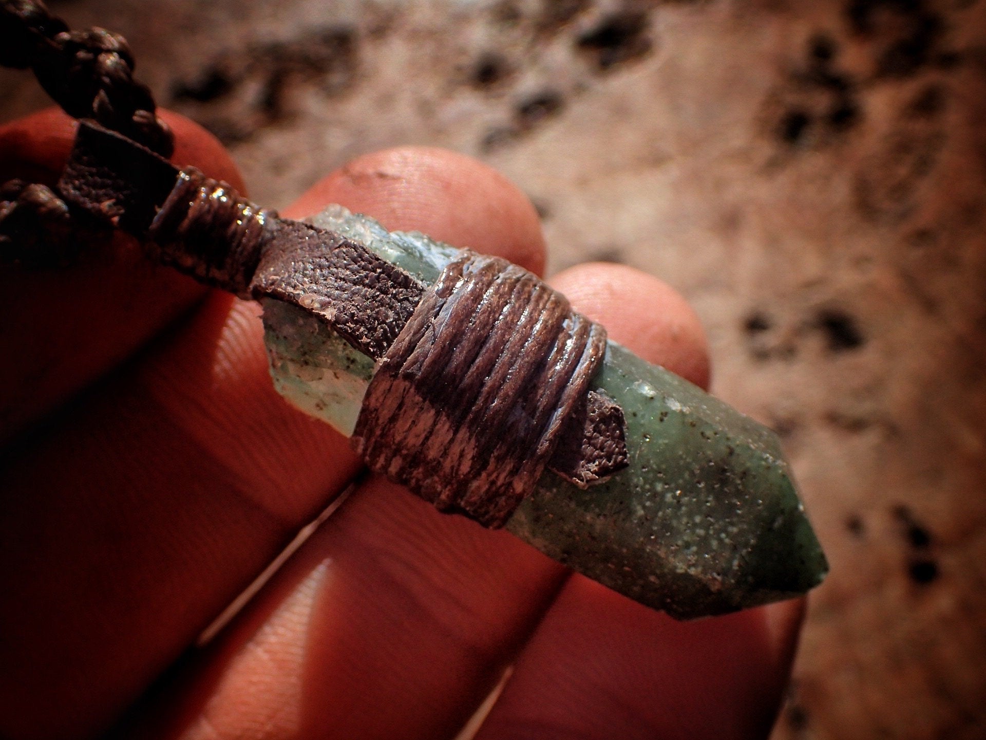 Green Quartz Pendant with Adjustable Hand Woven Macrame Style Necklace