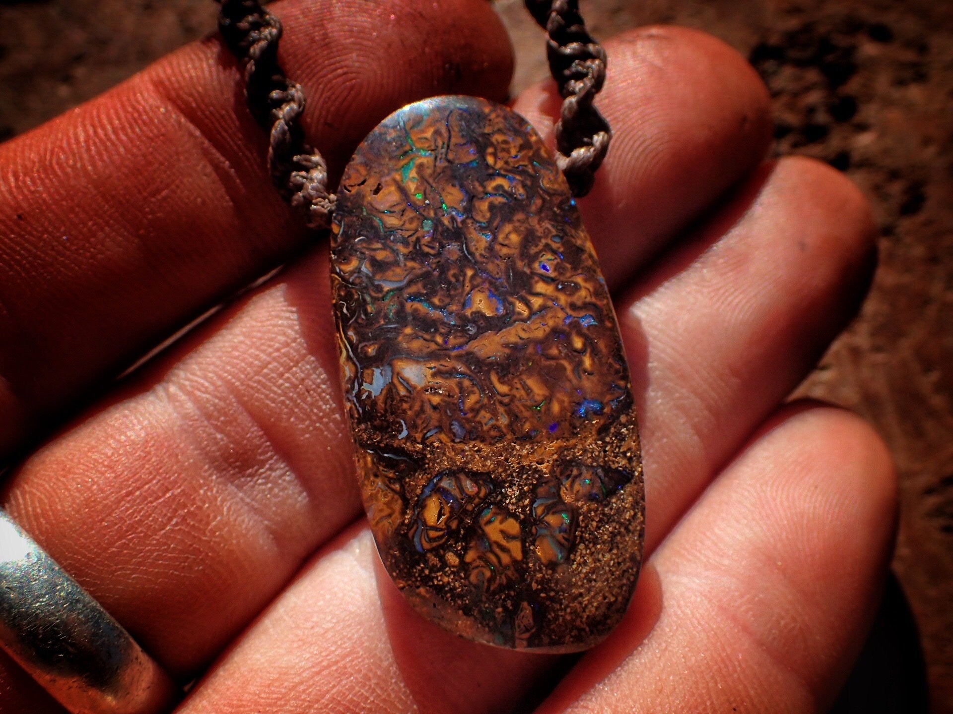 Double Sided Matrix Boulder Opal Pendant On Hand Woven Adjustable Macrame Style Necklace