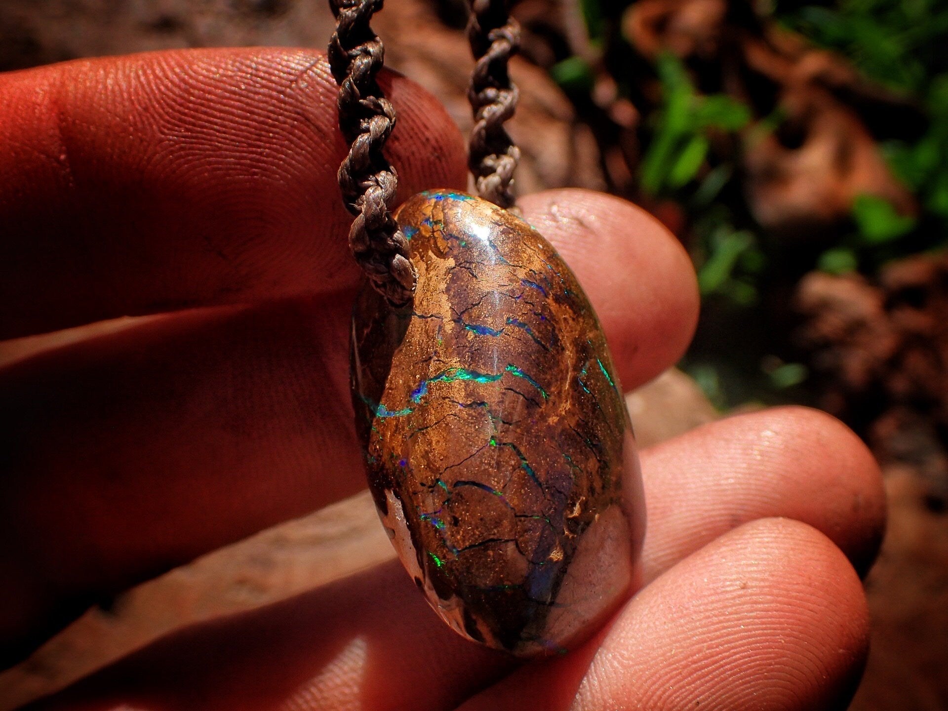 Chunky, Electric Green Boulder Opal Pendant On Hand Woven Adjustable Macrame Style Necklace