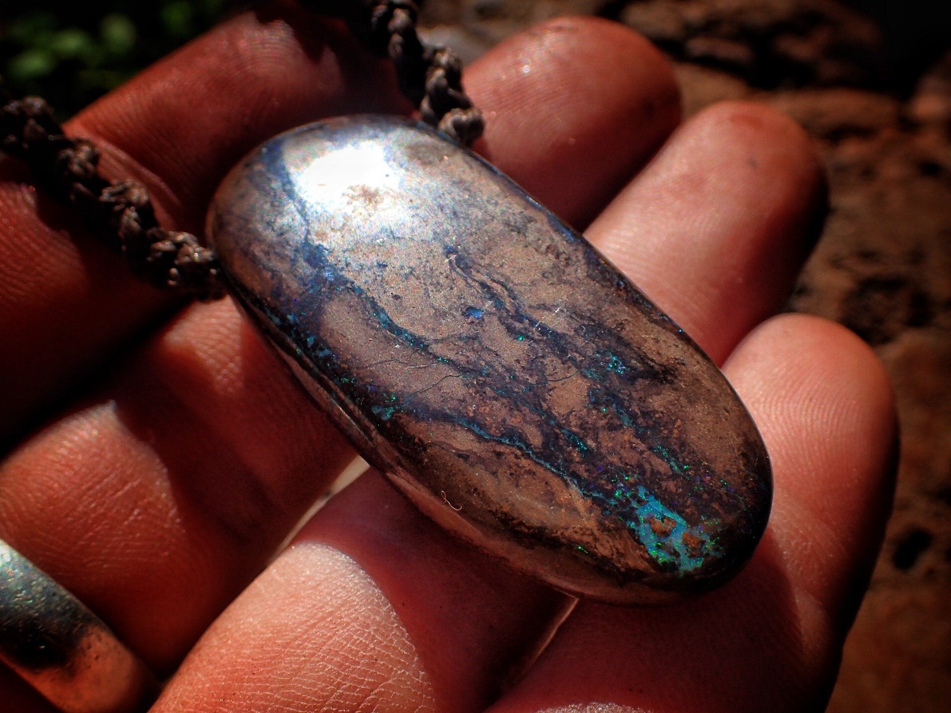 Green Sparkling Boulder Opal Pendant On Hand Woven Adjustable Macrame Style Necklace