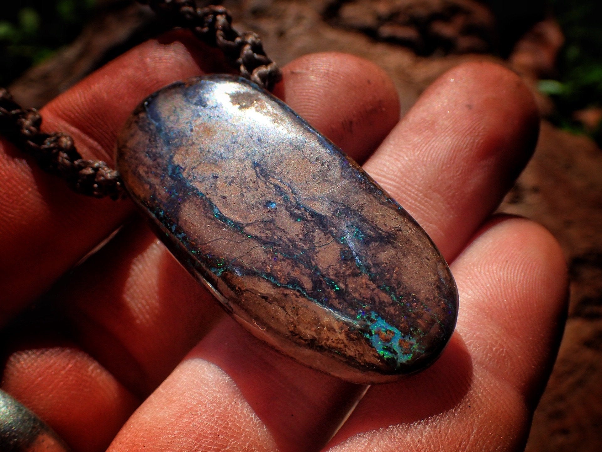 Green Sparkling Boulder Opal Pendant On Hand Woven Adjustable Macrame Style Necklace