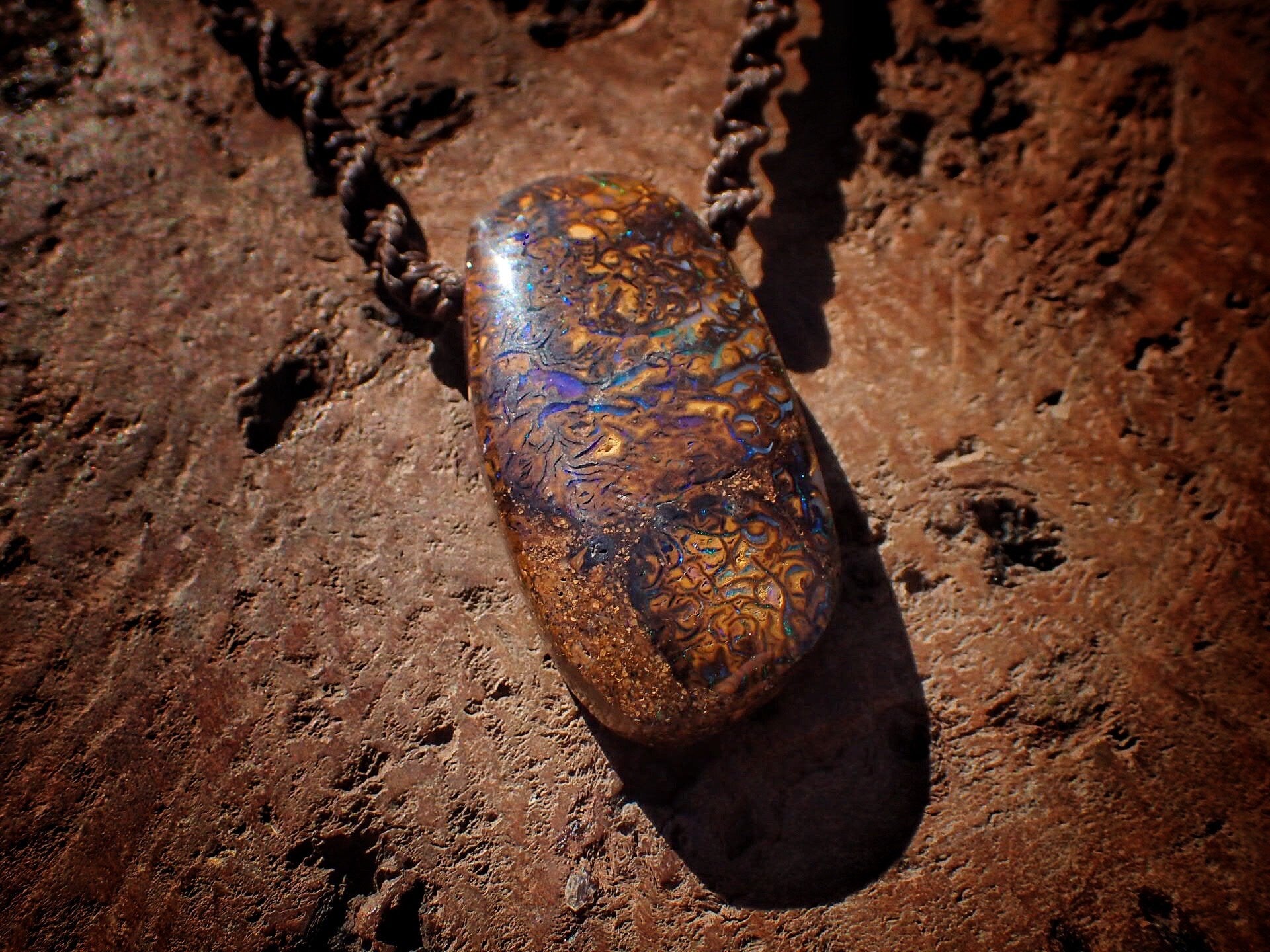 Double Sided Matrix Boulder Opal Pendant On Hand Woven Adjustable Macrame Style Necklace