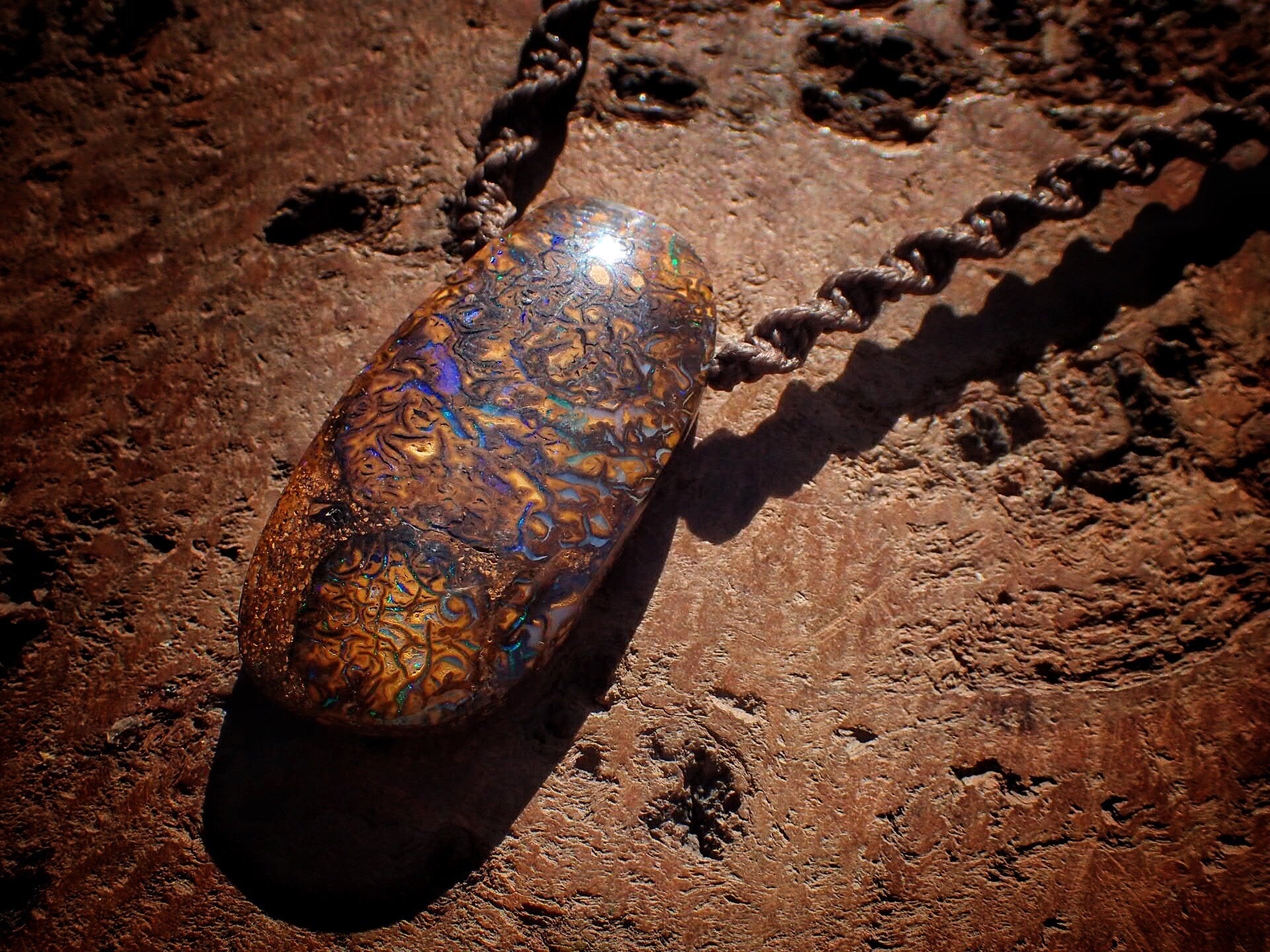 Double Sided Matrix Boulder Opal Pendant On Hand Woven Adjustable Macrame Style Necklace