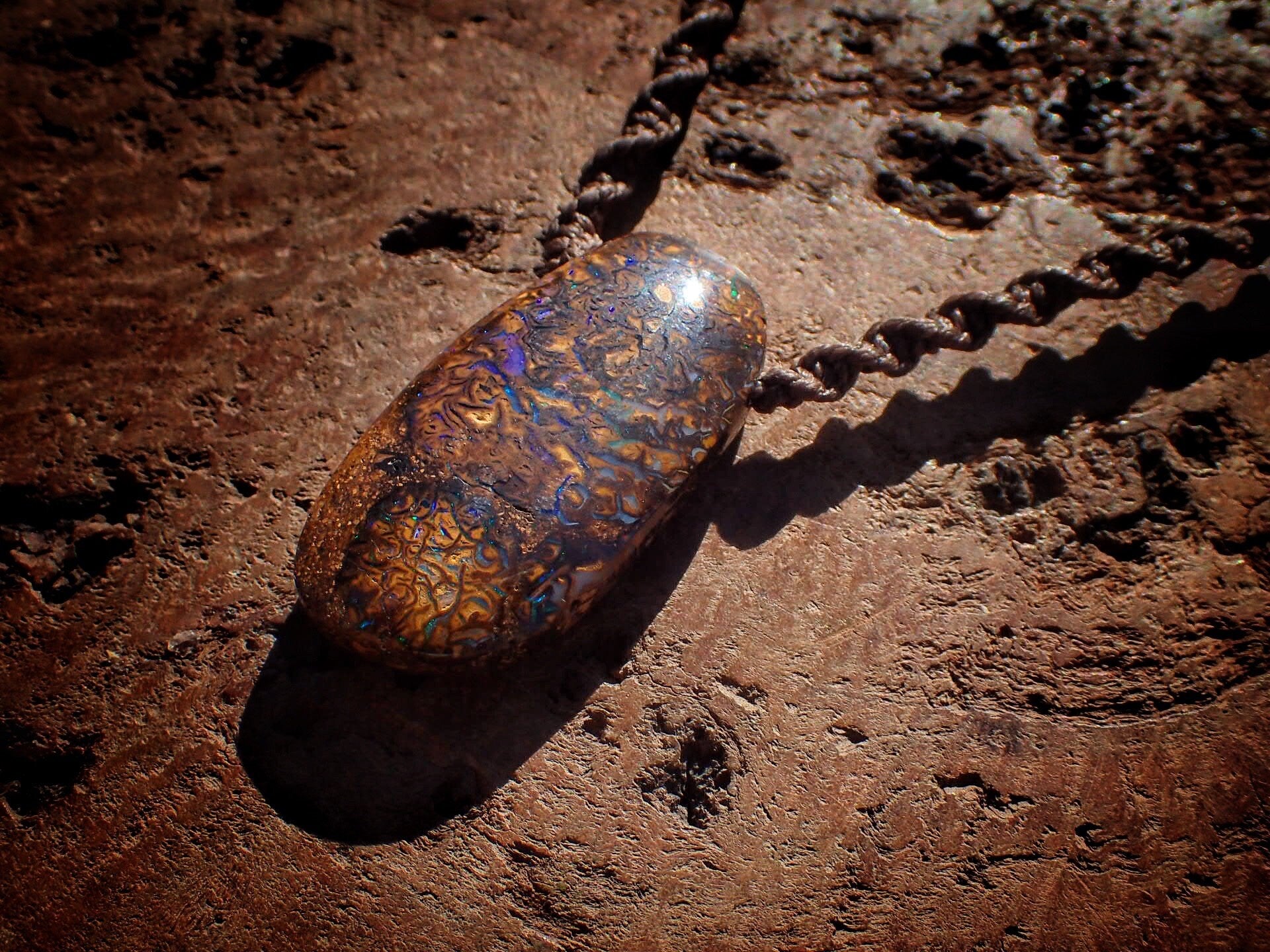 Double Sided Matrix Boulder Opal Pendant On Hand Woven Adjustable Macrame Style Necklace