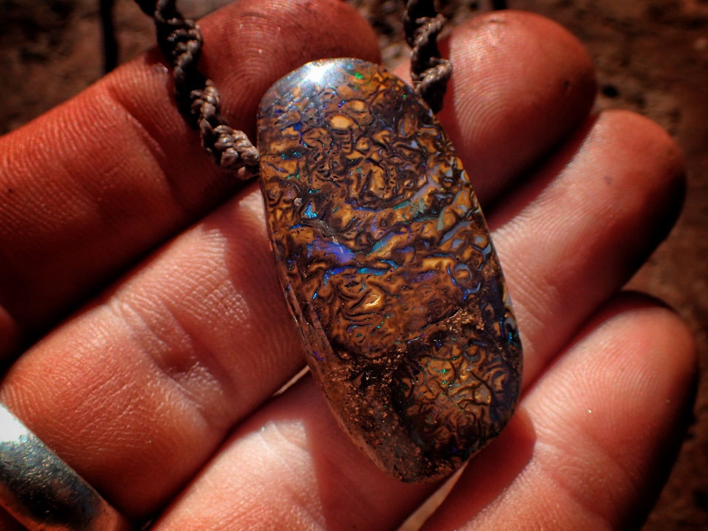 Double Sided Matrix Boulder Opal Pendant On Hand Woven Adjustable Macrame Style Necklace