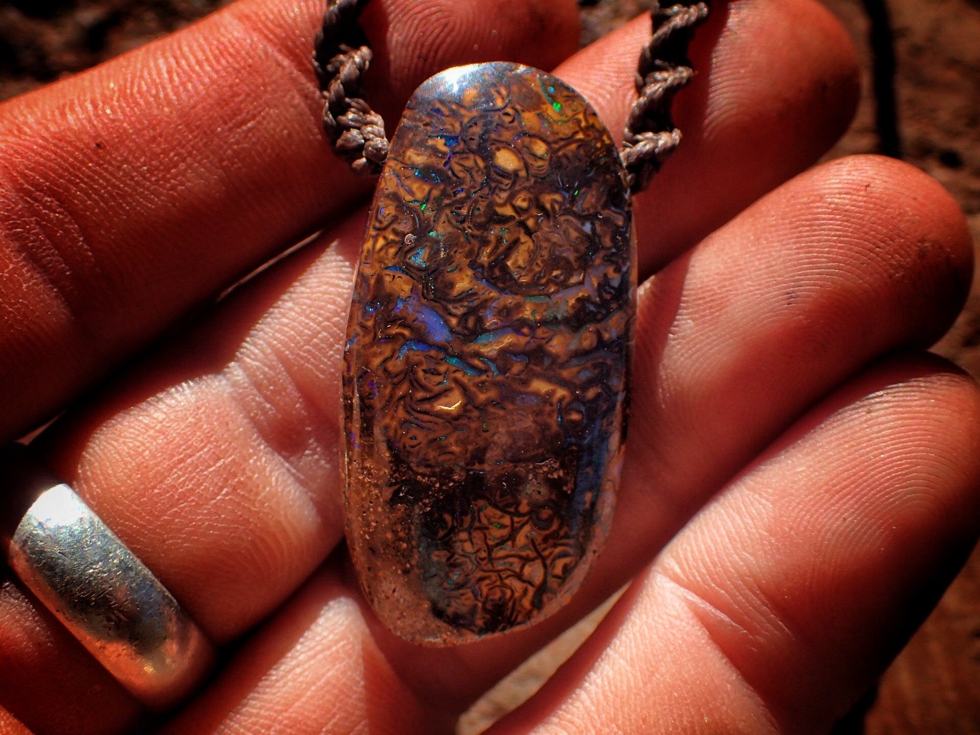 Double Sided Matrix Boulder Opal Pendant On Hand Woven Adjustable Macrame Style Necklace