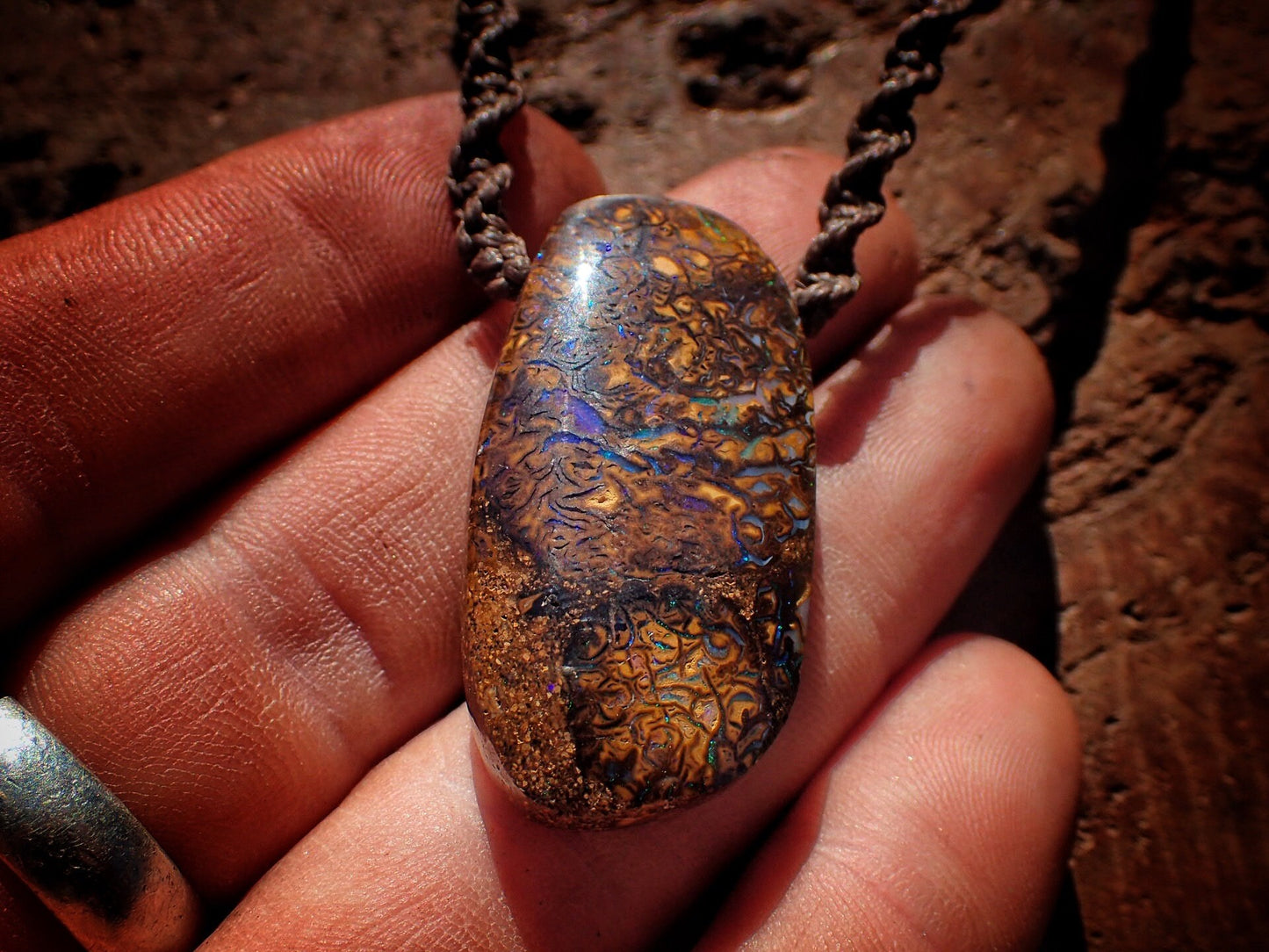 Double Sided Matrix Boulder Opal Pendant On Hand Woven Adjustable Macrame Style Necklace