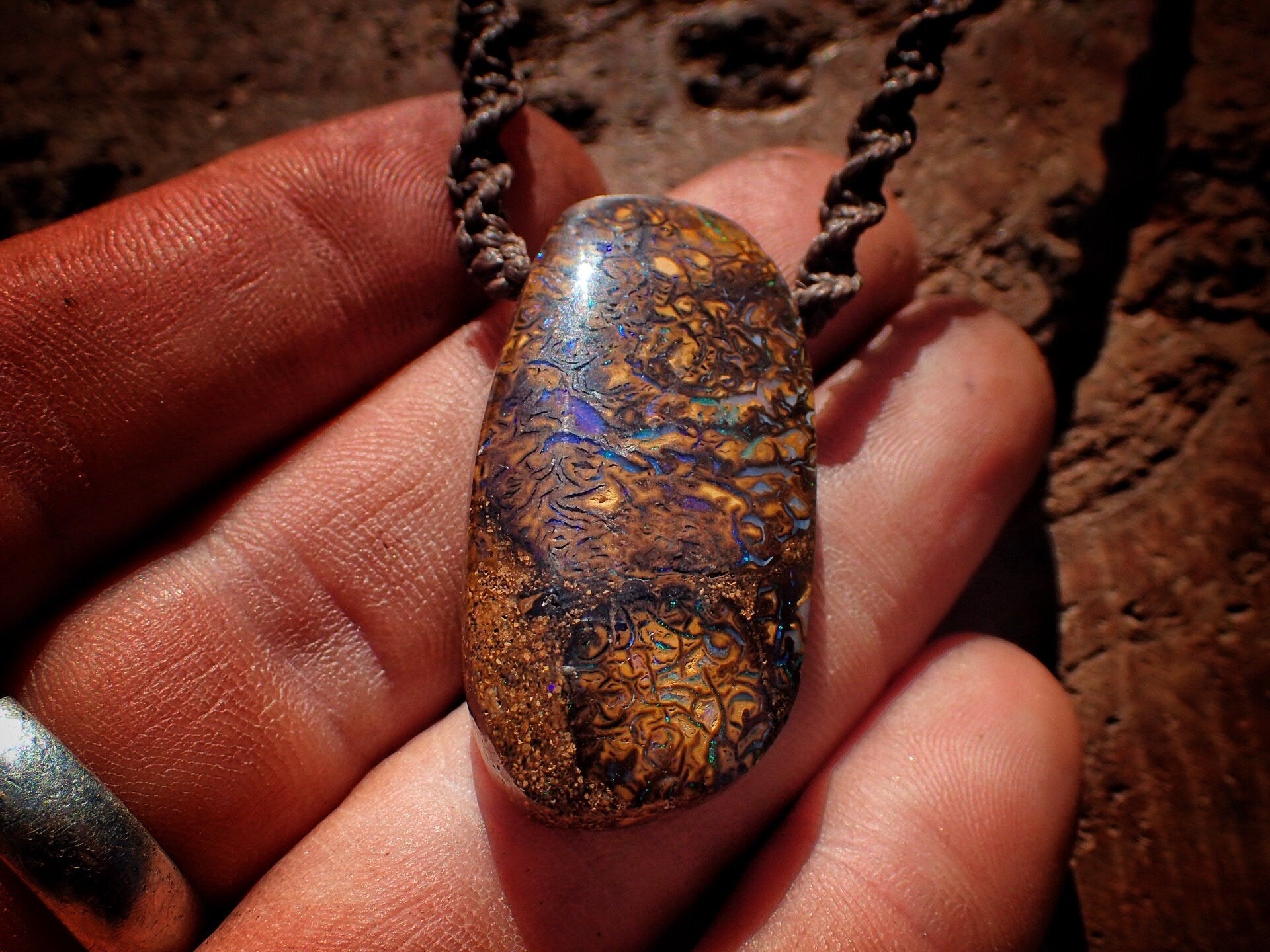 Double Sided Matrix Boulder Opal Pendant On Hand Woven Adjustable Macrame Style Necklace