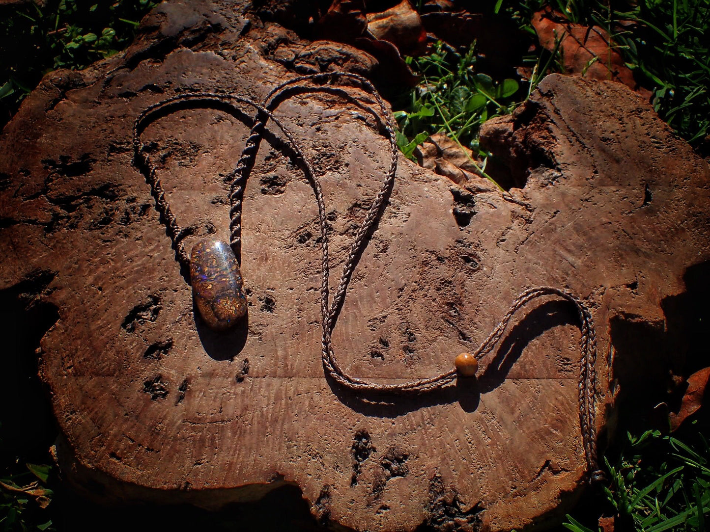 Double Sided Matrix Boulder Opal Pendant On Hand Woven Adjustable Macrame Style Necklace