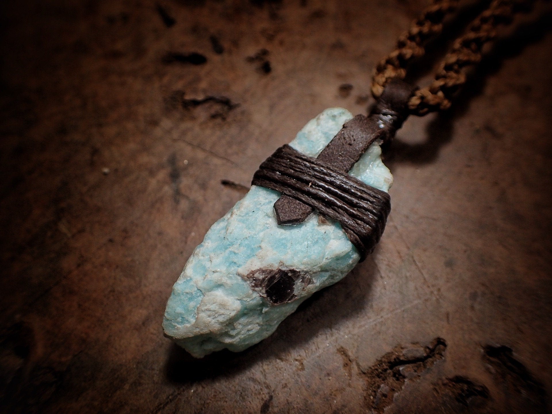 Tribal Amazonite Pendant with Hand Woven Adjustable Spiraling Macrame Cord