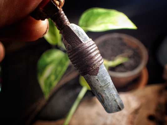 Blue Australian Kyanite Crystal Pendant on Adjustable Hand Woven Macrame Style Necklace
