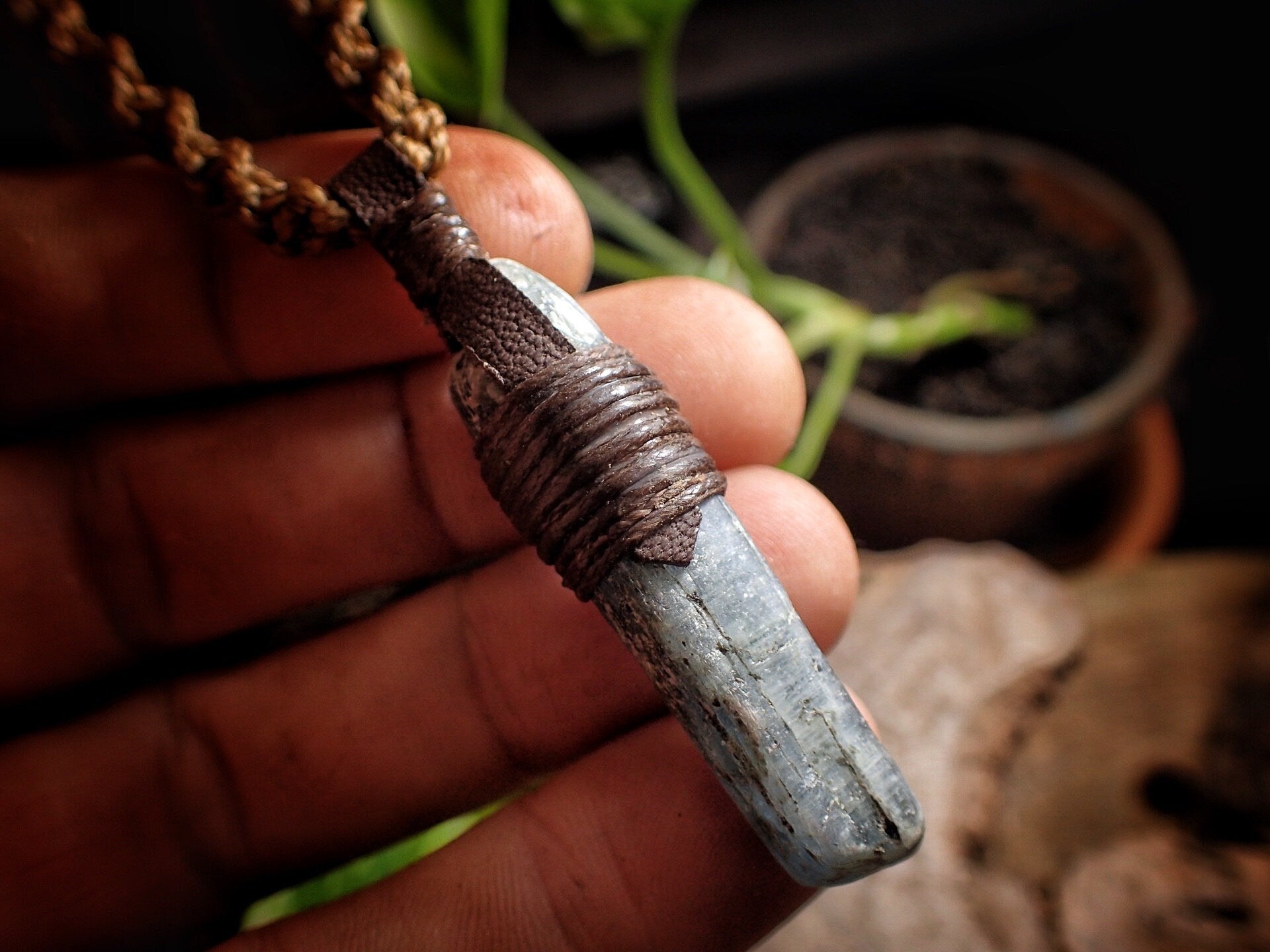 Blue Australian Kyanite Crystal Pendant on Adjustable Hand Woven Macrame Style Necklace
