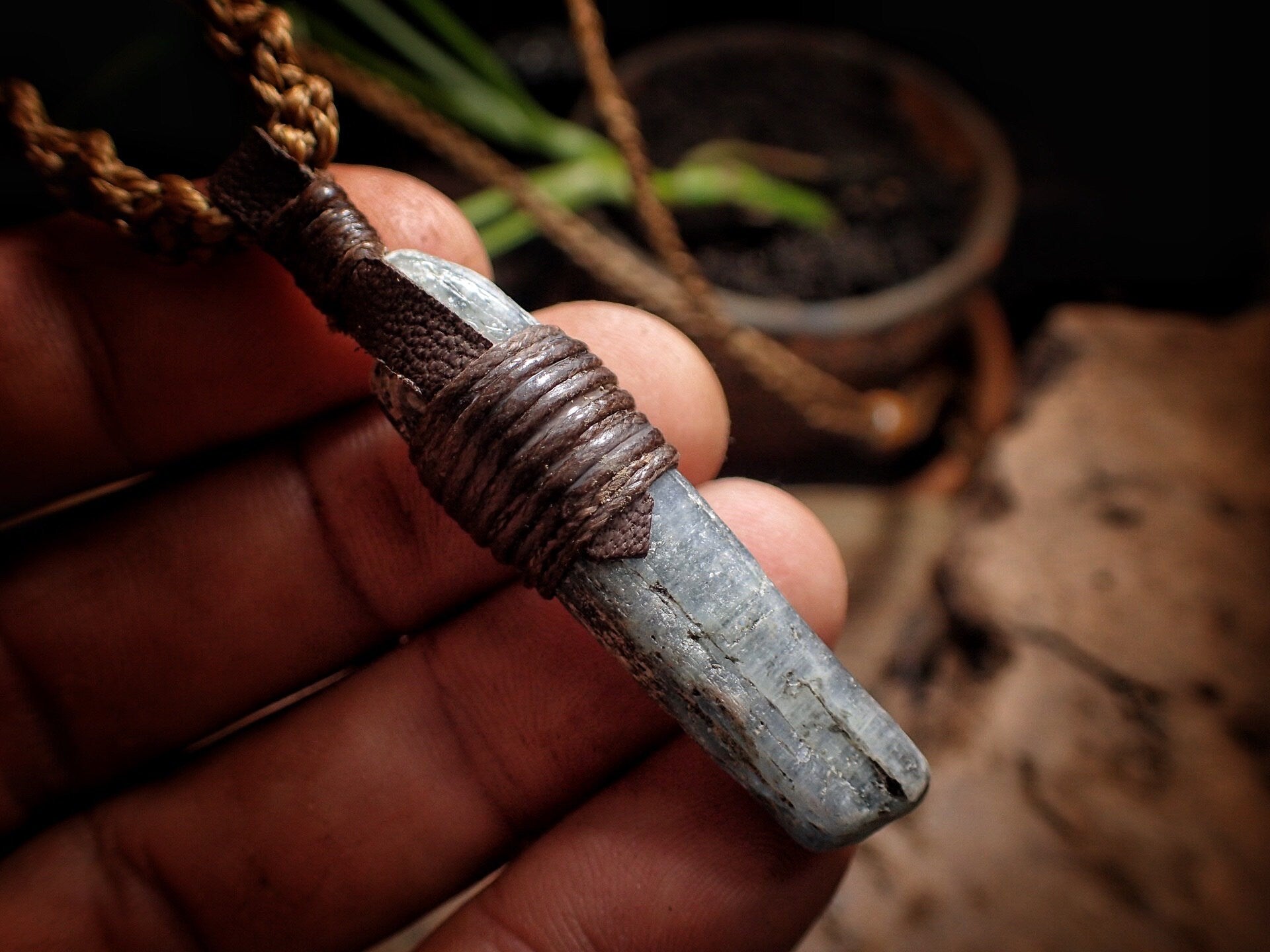 Blue Australian Kyanite Crystal Pendant on Adjustable Hand Woven Macrame Style Necklace