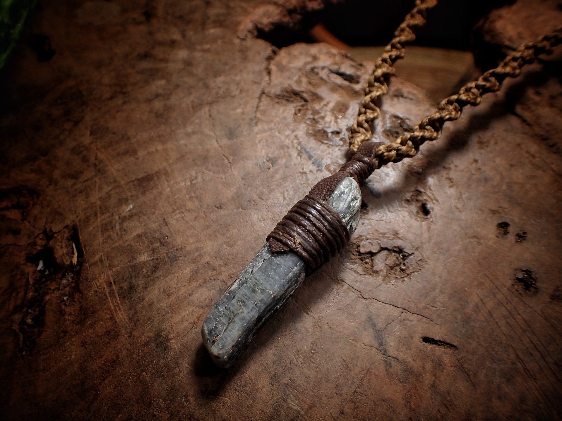 Blue Australian Kyanite Crystal Pendant on Adjustable Hand Woven Macrame Style Necklace