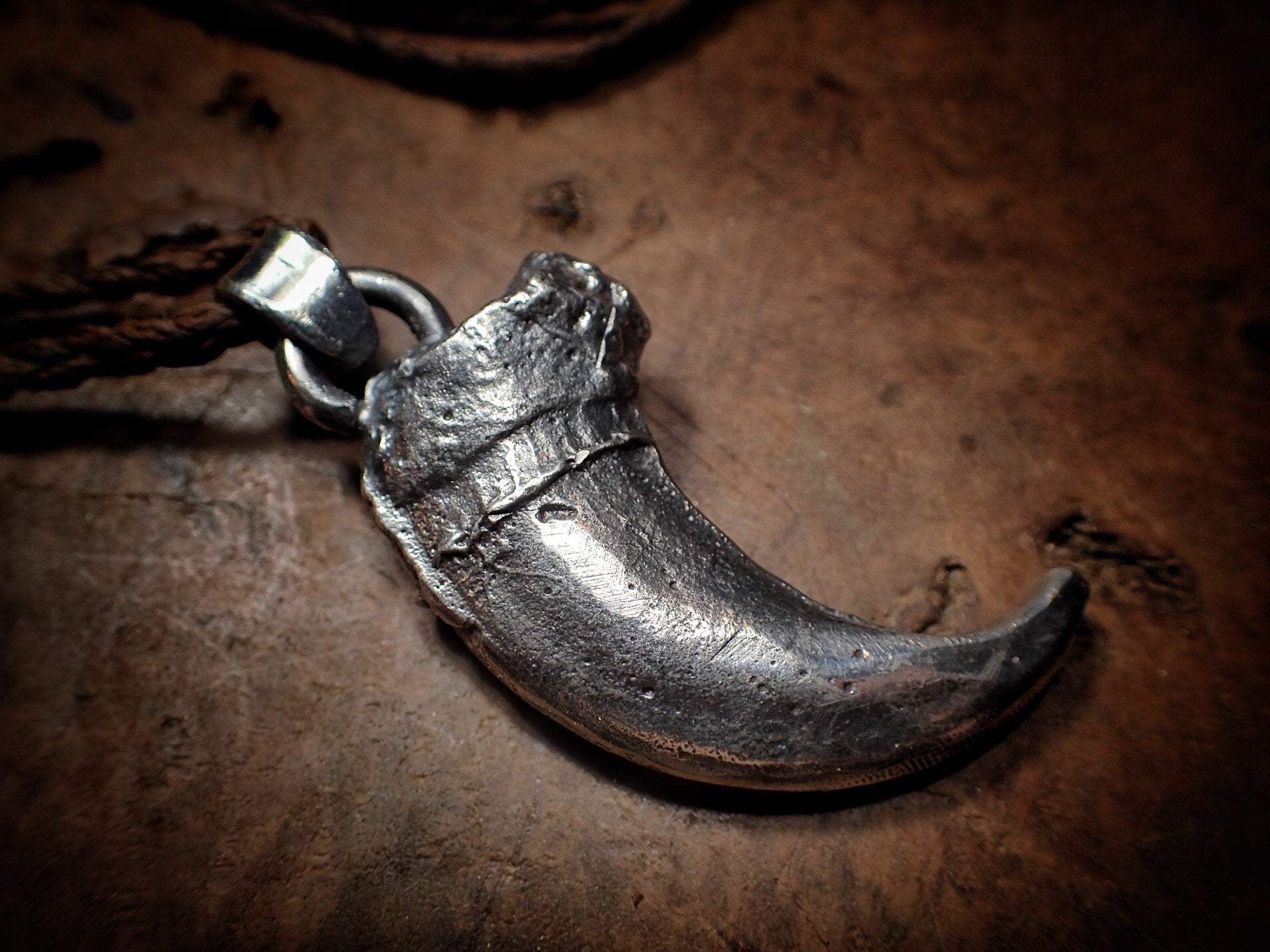 Silver Bear Claw Pendant with Adjustable Hand Woven Macrame Style Necklace