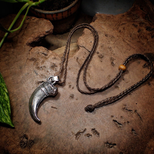 Silver Bear Claw Pendant with Adjustable Hand Woven Macrame Style Necklace