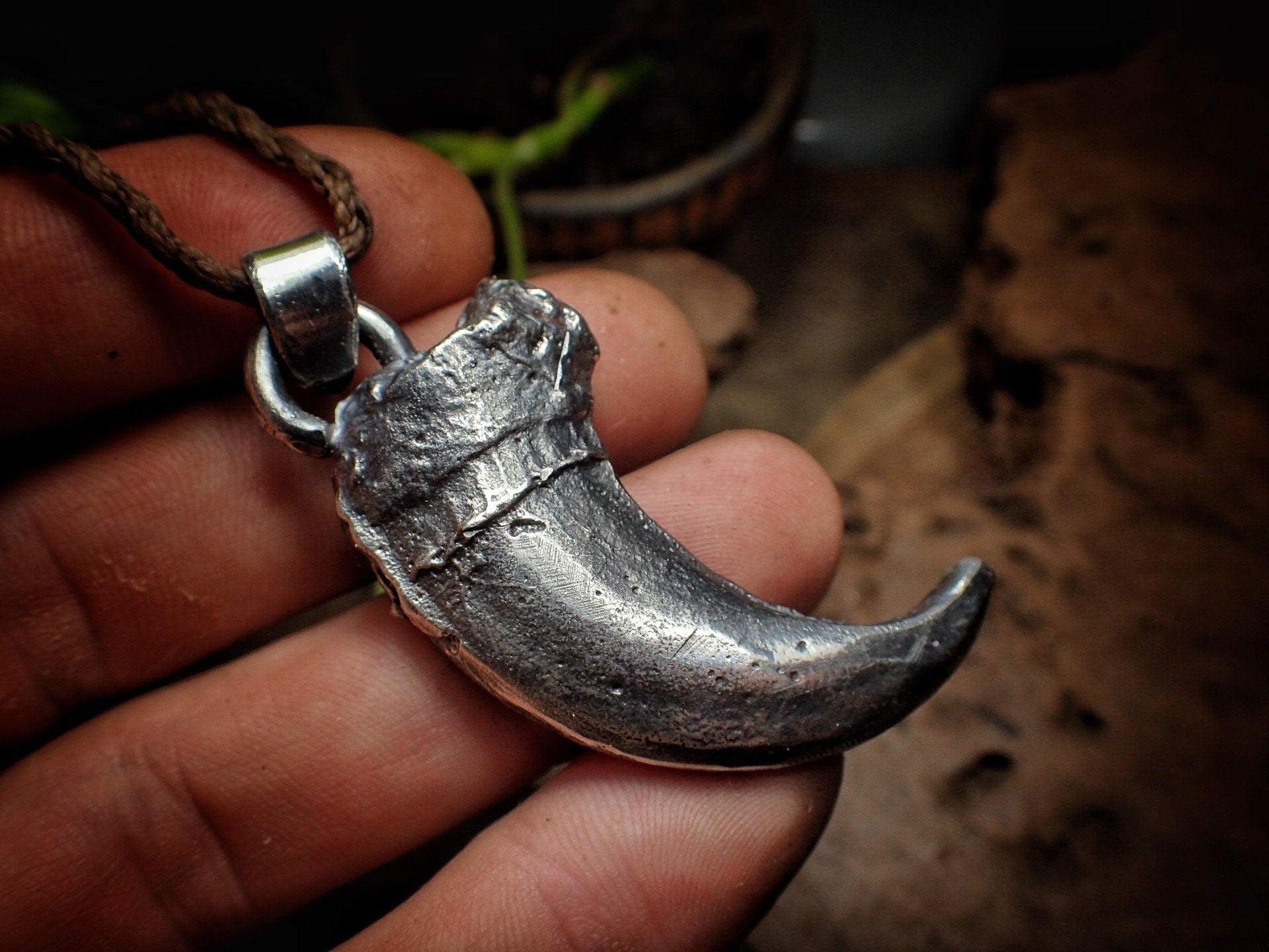 Silver Bear Claw Pendant with Adjustable Hand Woven Macrame Style Necklace
