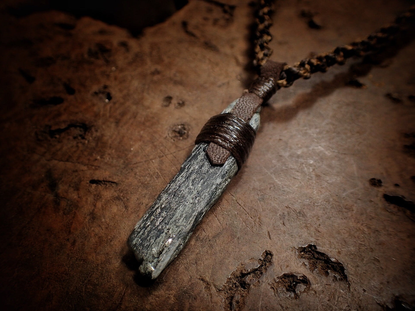 Blue Australian Kyanite Crystal Pendant on Adjustable Hand Woven Macrame Style Necklace