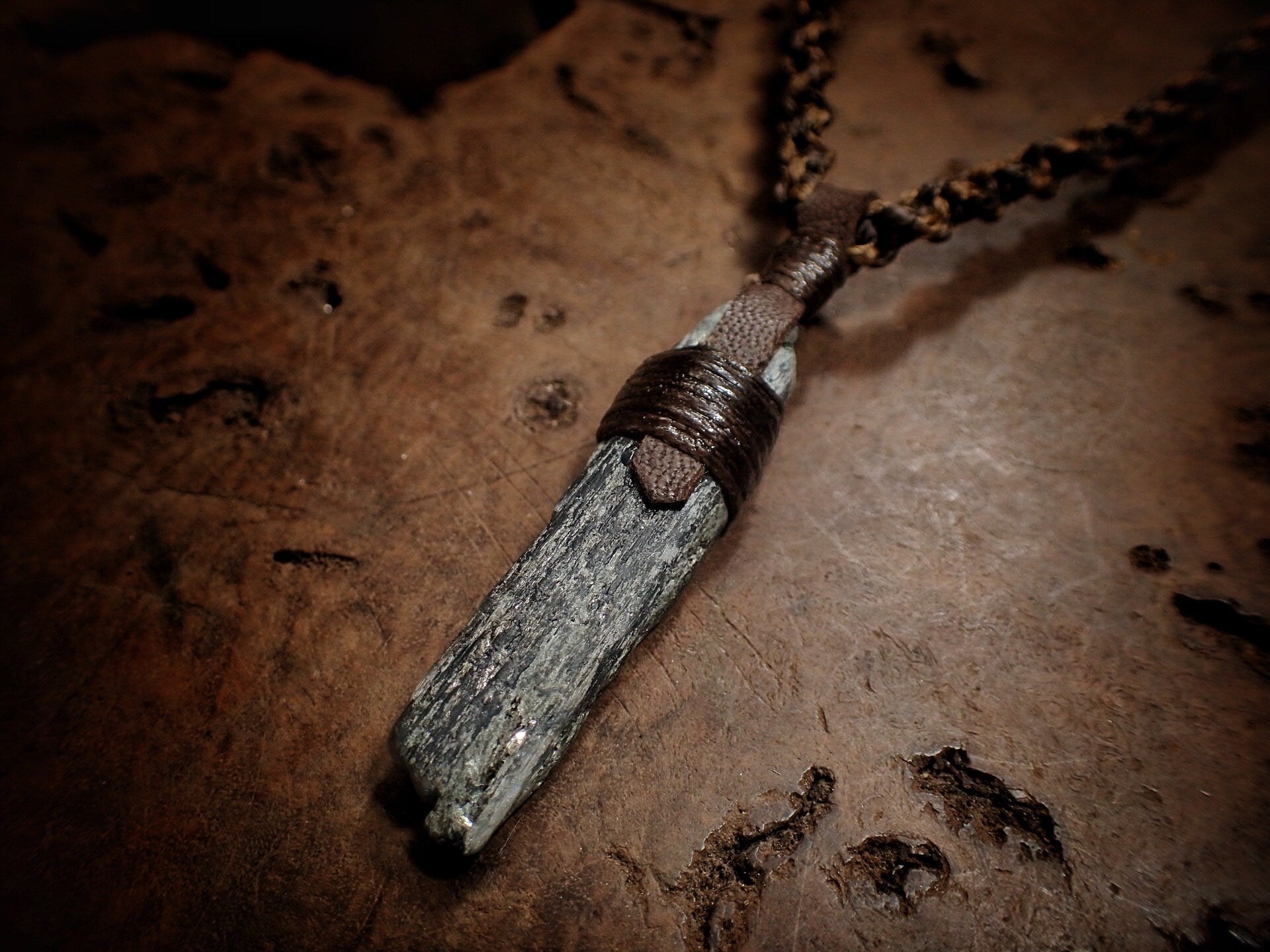 Blue Australian Kyanite Crystal Pendant on Adjustable Hand Woven Macrame Style Necklace
