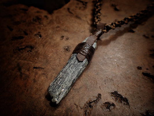 Blue Australian Kyanite Crystal Pendant on Adjustable Hand Woven Macrame Style Necklace