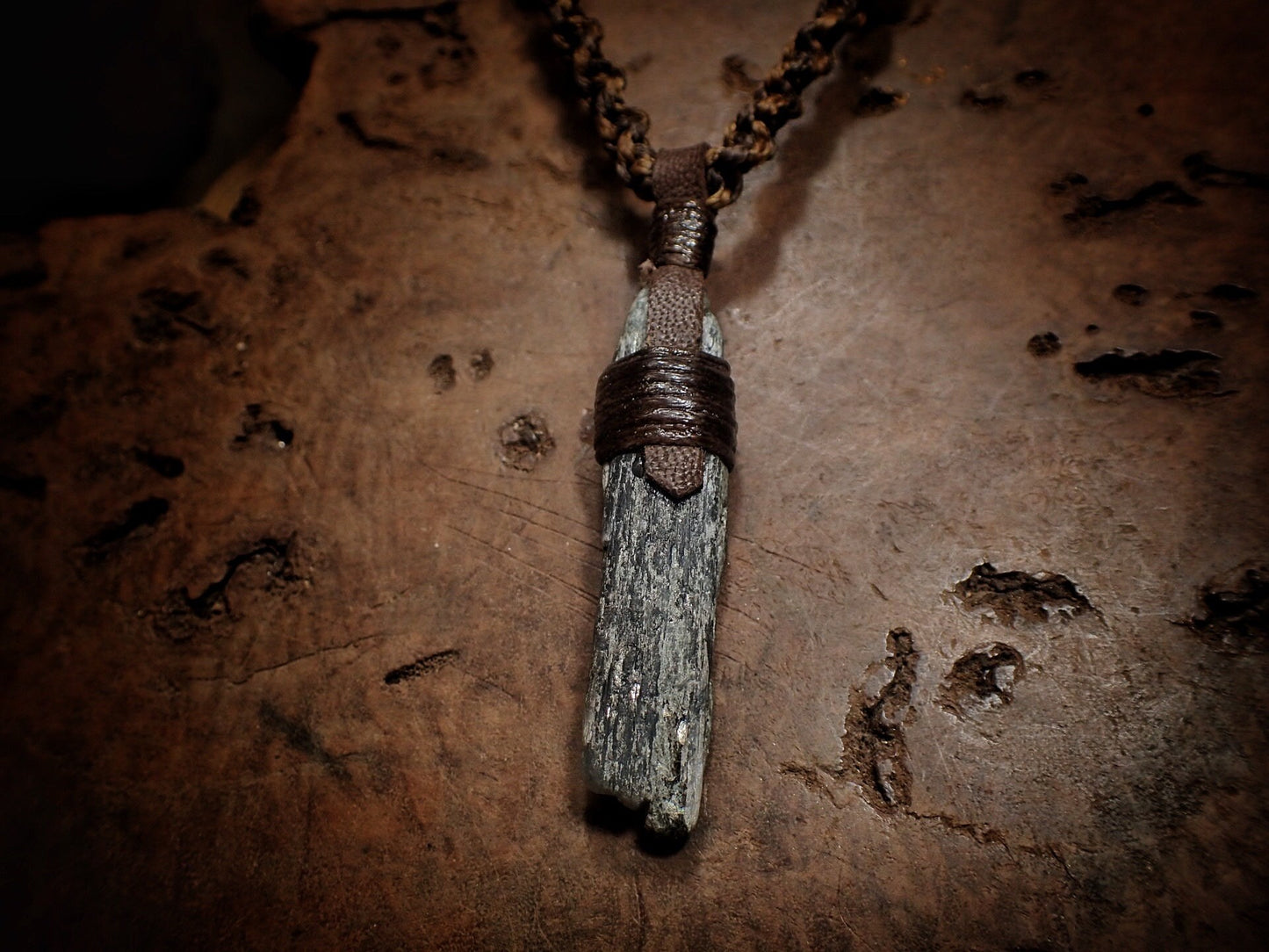 Blue Australian Kyanite Crystal Pendant on Adjustable Hand Woven Macrame Style Necklace