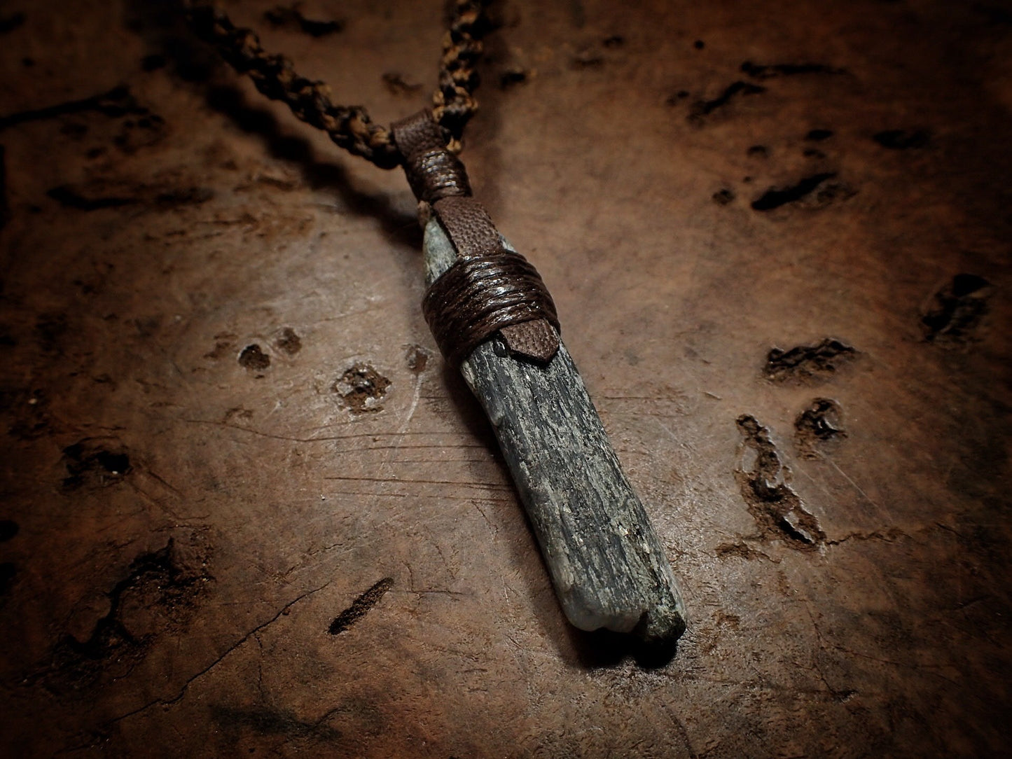 Blue Australian Kyanite Crystal Pendant on Adjustable Hand Woven Macrame Style Necklace
