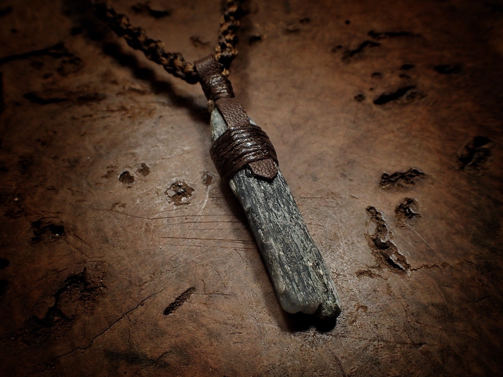 Blue Australian Kyanite Crystal Pendant on Adjustable Hand Woven Macrame Style Necklace