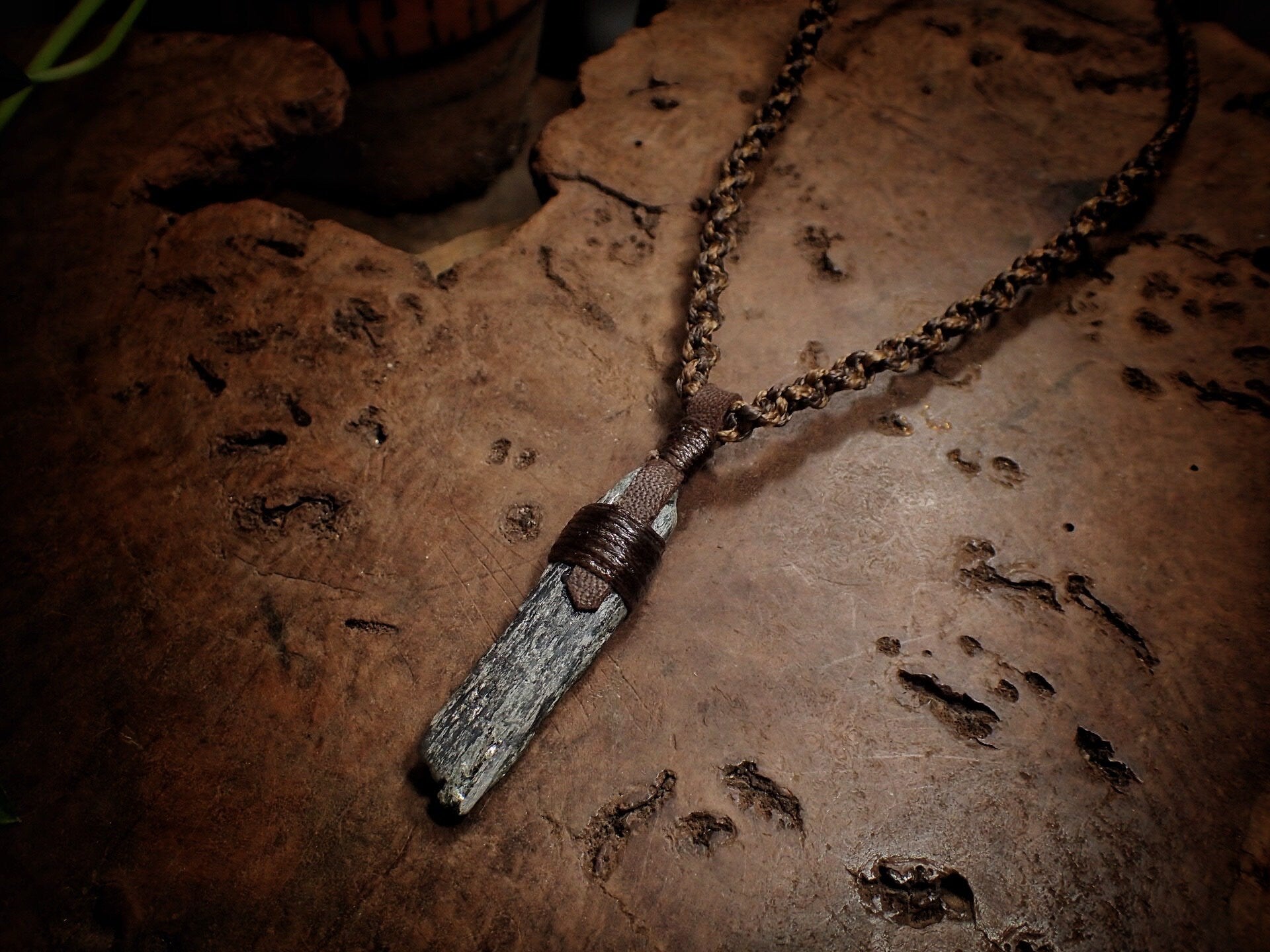 Blue Australian Kyanite Crystal Pendant on Adjustable Hand Woven Macrame Style Necklace