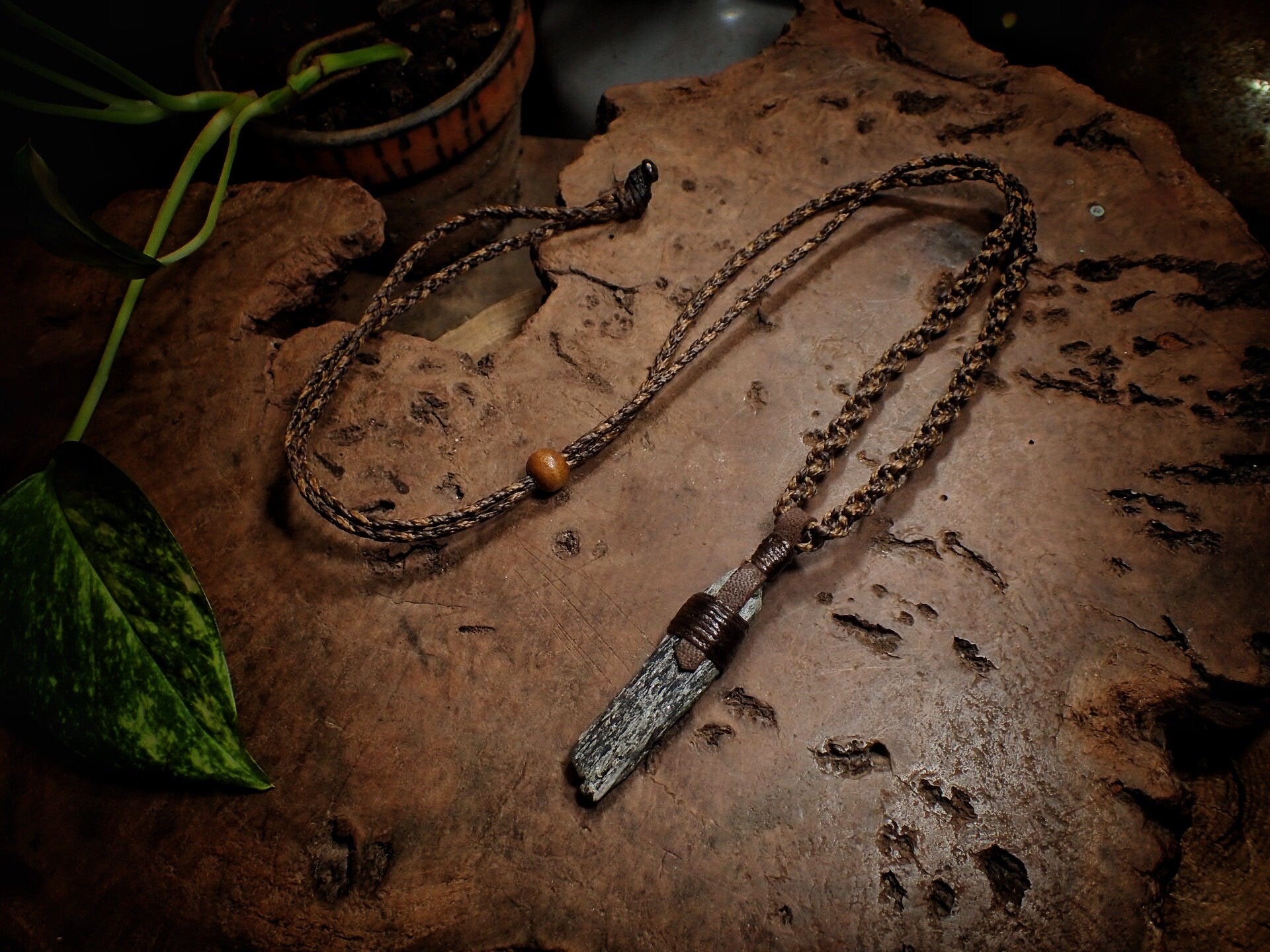 Blue Australian Kyanite Crystal Pendant on Adjustable Hand Woven Macrame Style Necklace