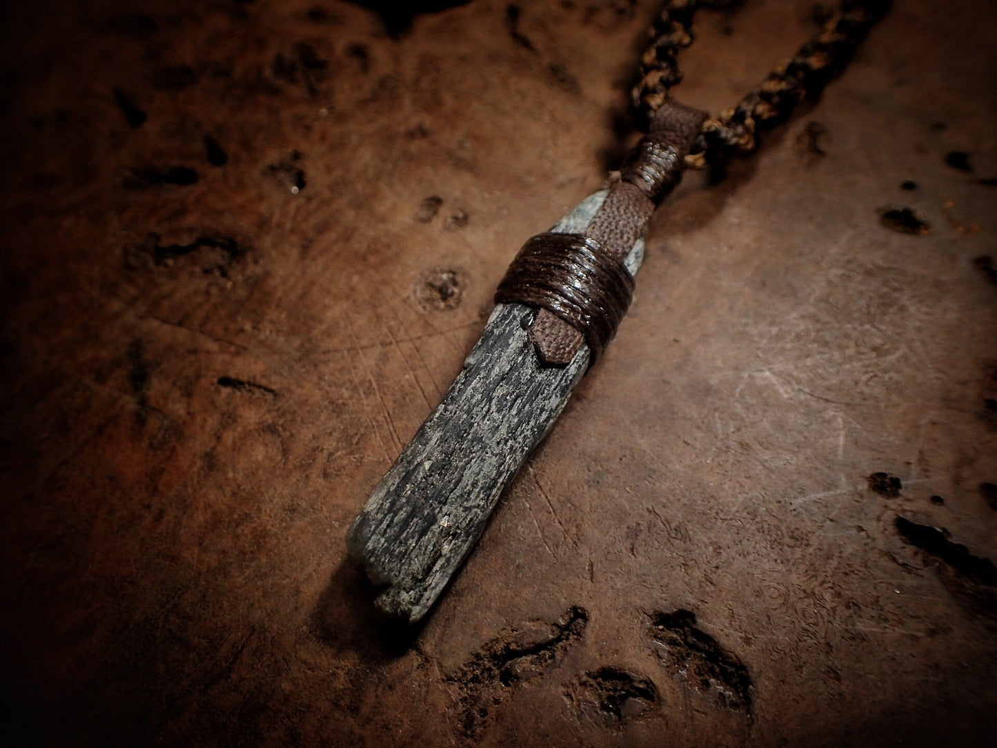 Blue Australian Kyanite Crystal Pendant on Adjustable Hand Woven Macrame Style Necklace
