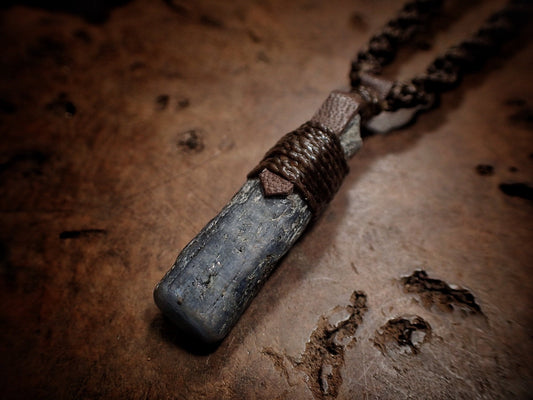 Blue Australian Kyanite Crystal Pendant on Adjustable Hand Woven Macrame Style Necklace