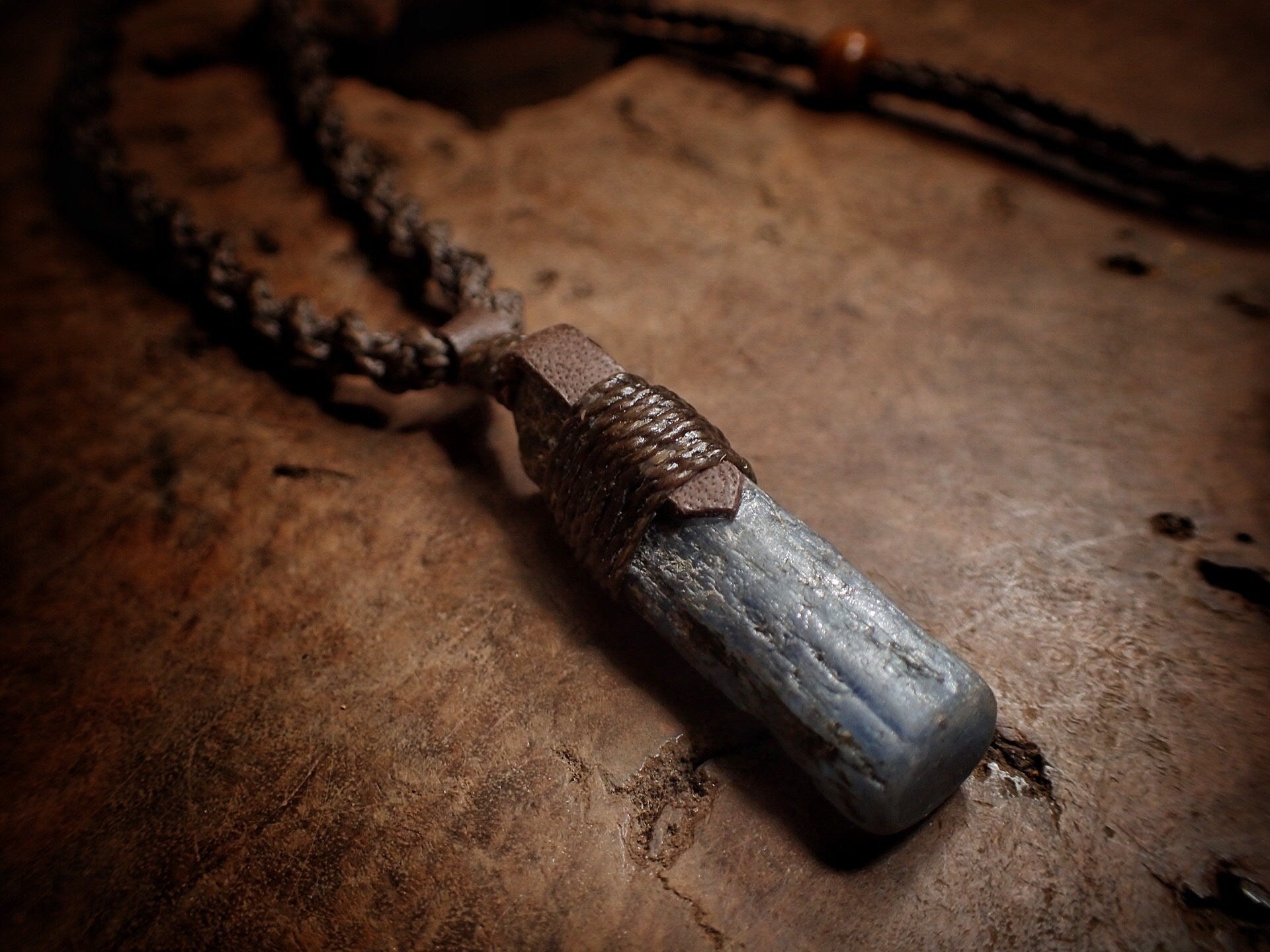 Blue Australian Kyanite Crystal Pendant on Adjustable Hand Woven Macrame Style Necklace