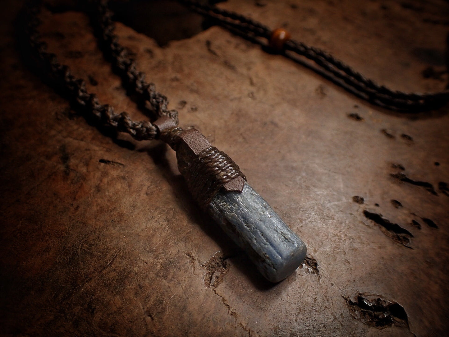 Blue Australian Kyanite Crystal Pendant on Adjustable Hand Woven Macrame Style Necklace
