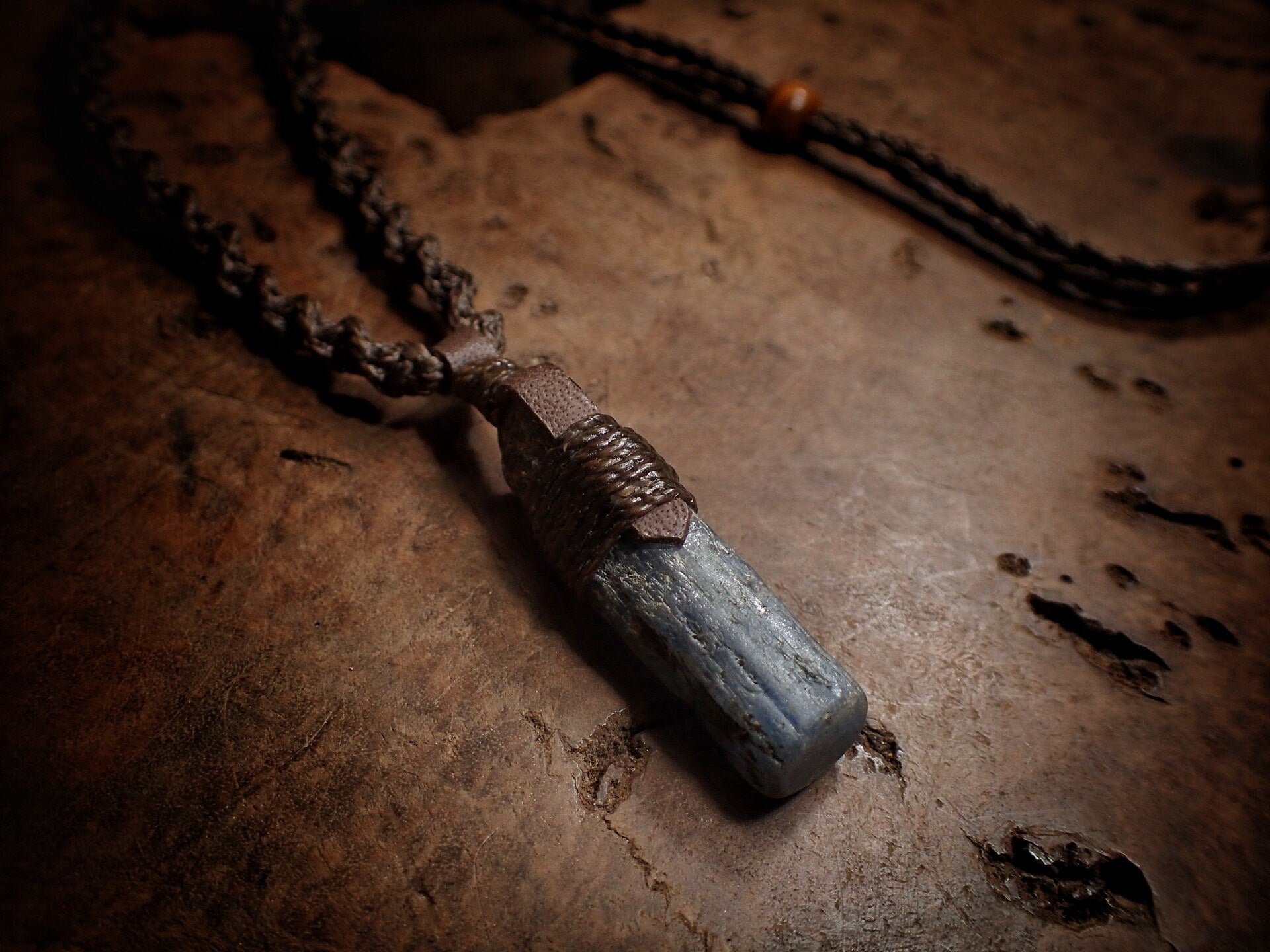 Blue Australian Kyanite Crystal Pendant on Adjustable Hand Woven Macrame Style Necklace