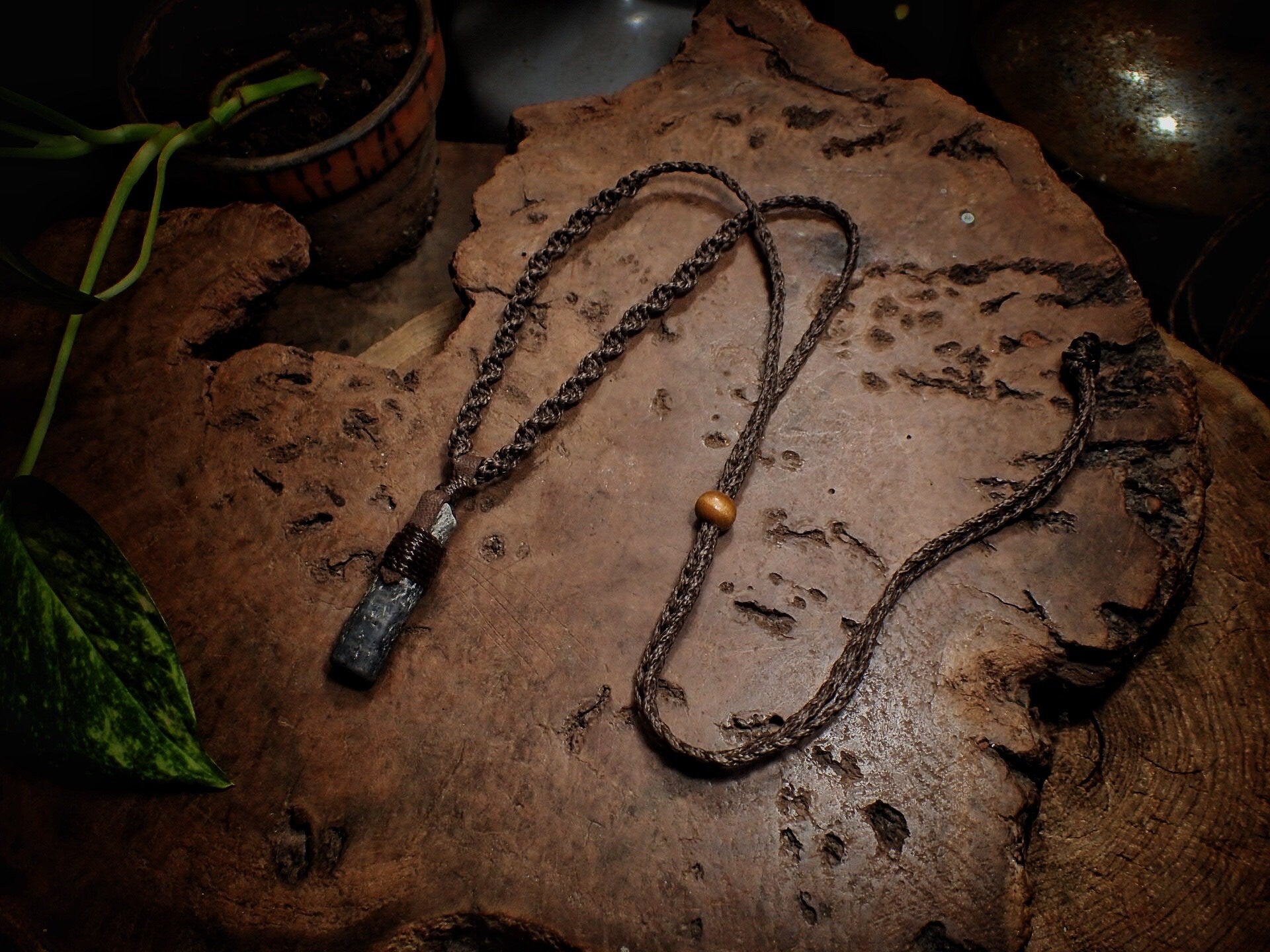 Blue Australian Kyanite Crystal Pendant on Adjustable Hand Woven Macrame Style Necklace