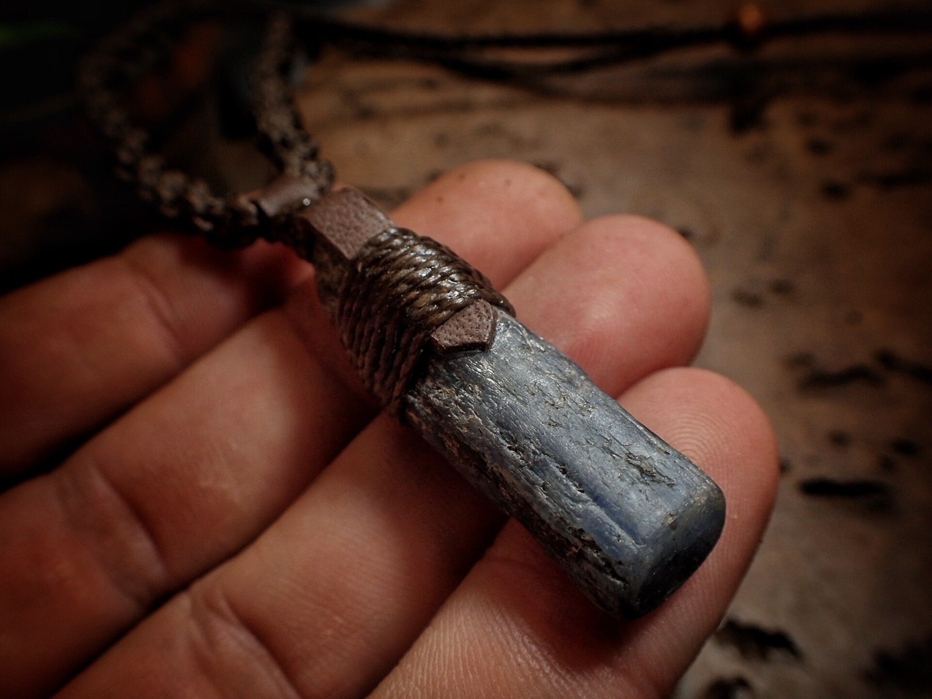 Blue Australian Kyanite Crystal Pendant on Adjustable Hand Woven Macrame Style Necklace