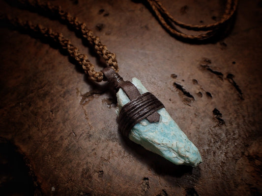 Tribal Amazonite Pendant with Hand Woven Adjustable Spiraling Macrame Cord