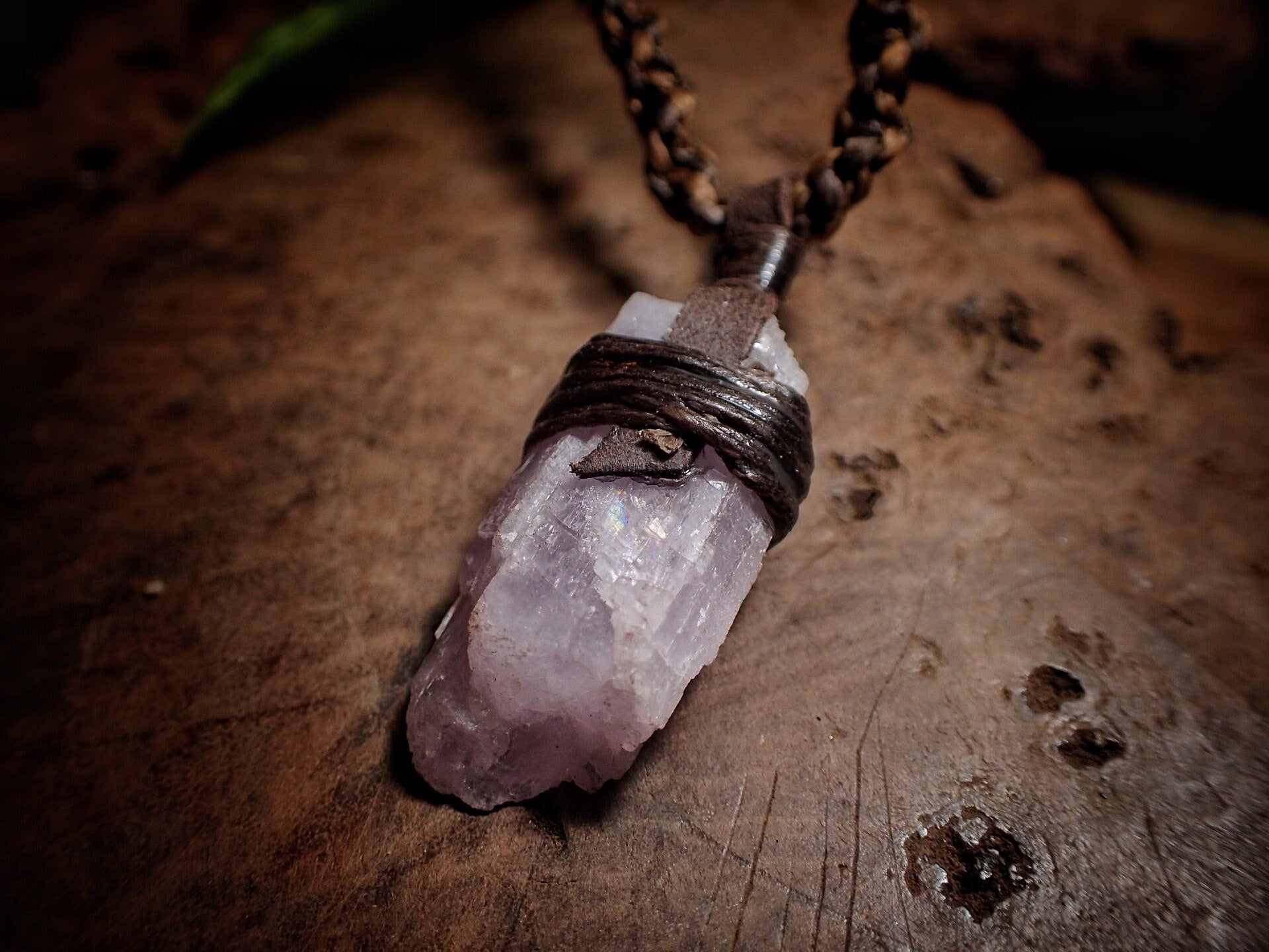 Natural Crystal Kunzite Pendant with Adjustable Hand Woven Macrame Style Necklace Cord