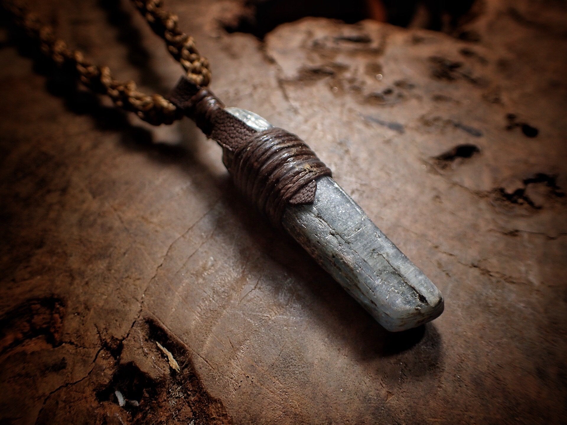 Blue Australian Kyanite Crystal Pendant on Adjustable Hand Woven Macrame Style Necklace
