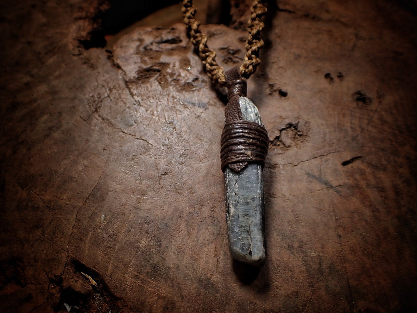 Blue Australian Kyanite Crystal Pendant on Adjustable Hand Woven Macrame Style Necklace