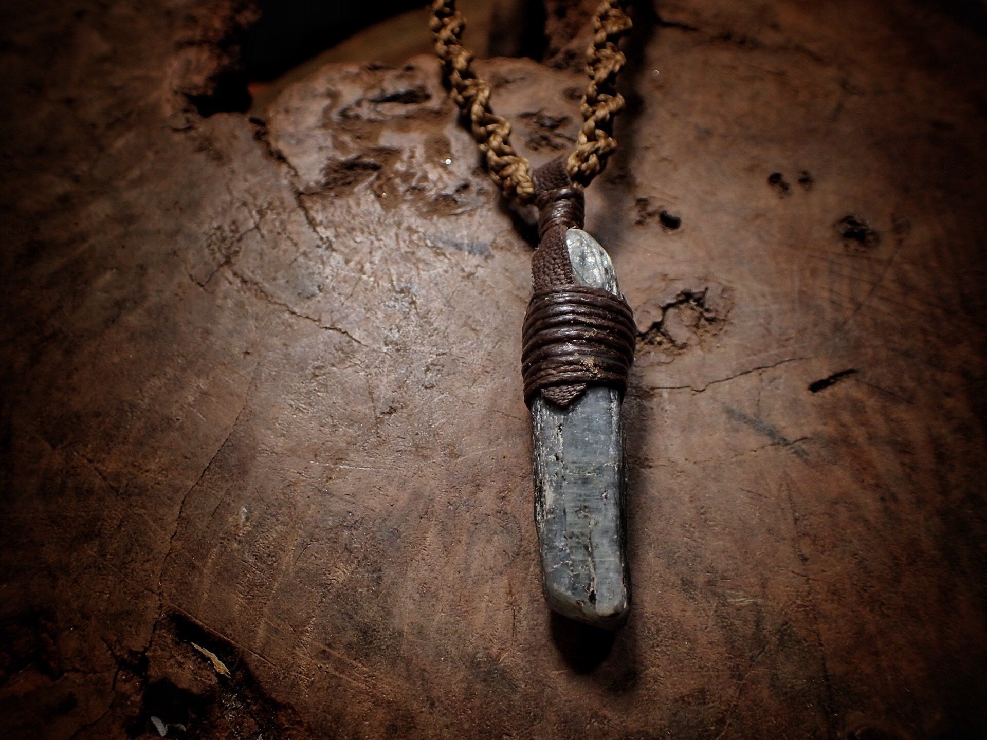 Blue Australian Kyanite Crystal Pendant on Adjustable Hand Woven Macrame Style Necklace
