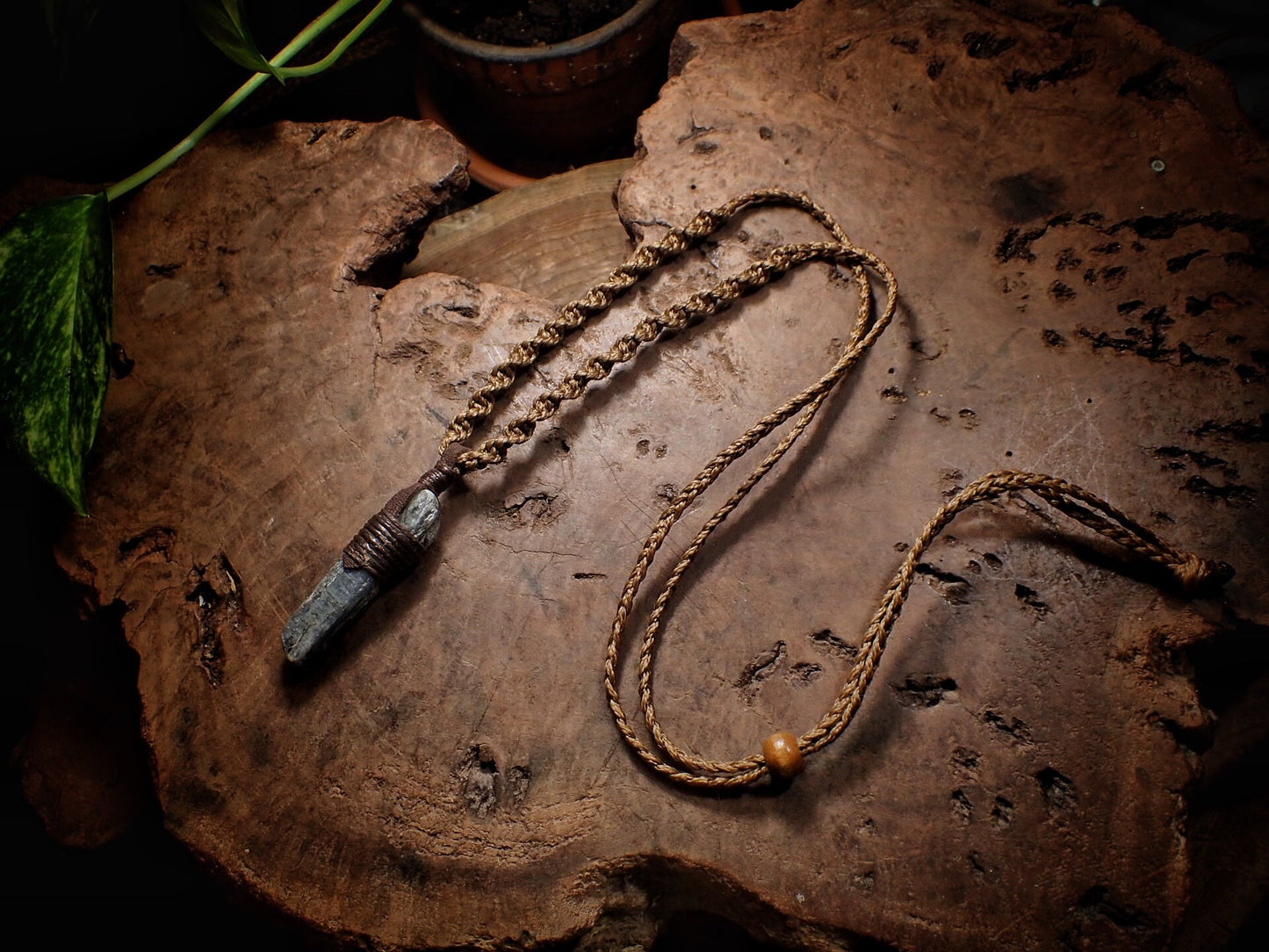 Blue Australian Kyanite Crystal Pendant on Adjustable Hand Woven Macrame Style Necklace