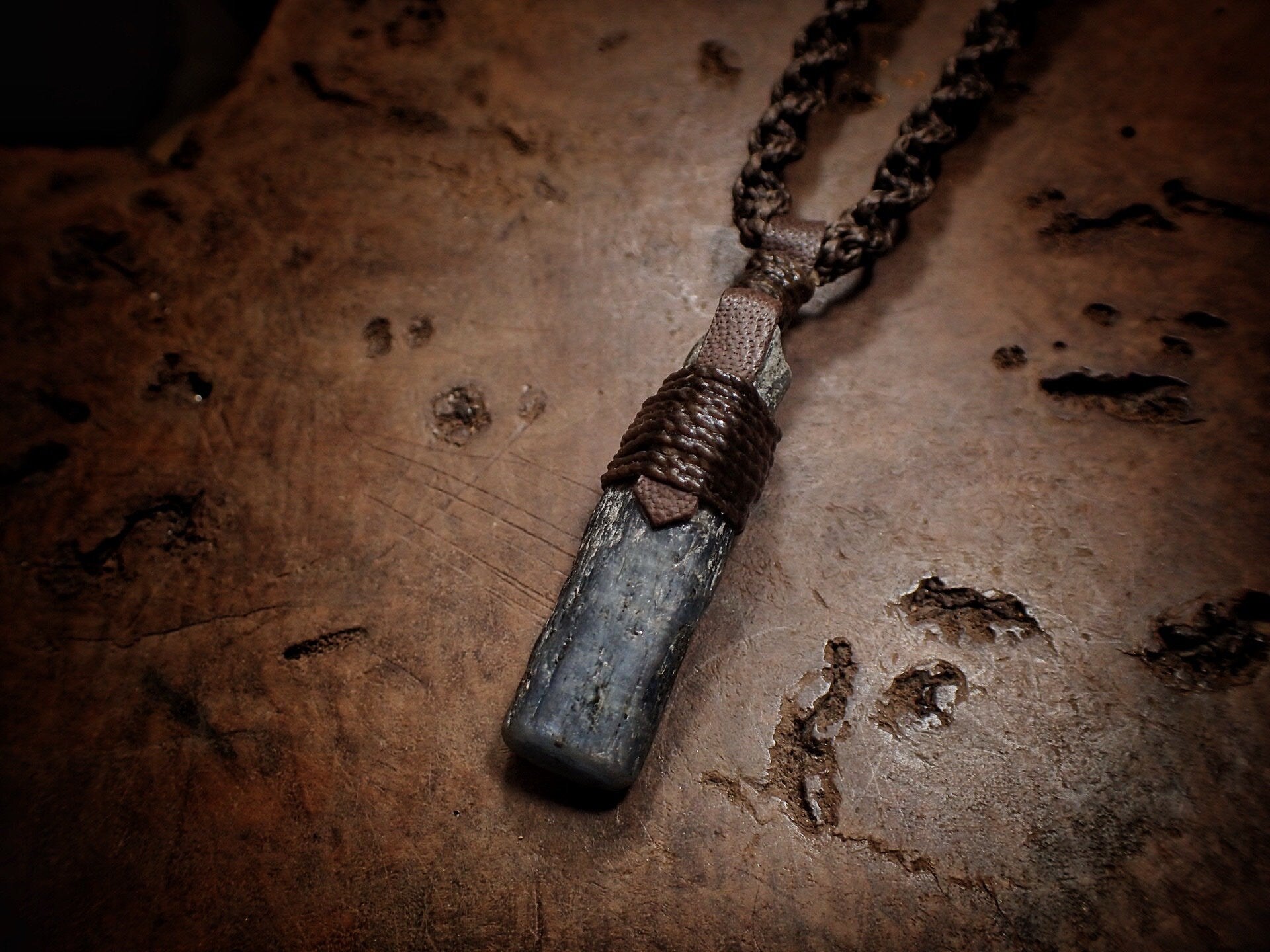Blue Australian Kyanite Crystal Pendant on Adjustable Hand Woven Macrame Style Necklace