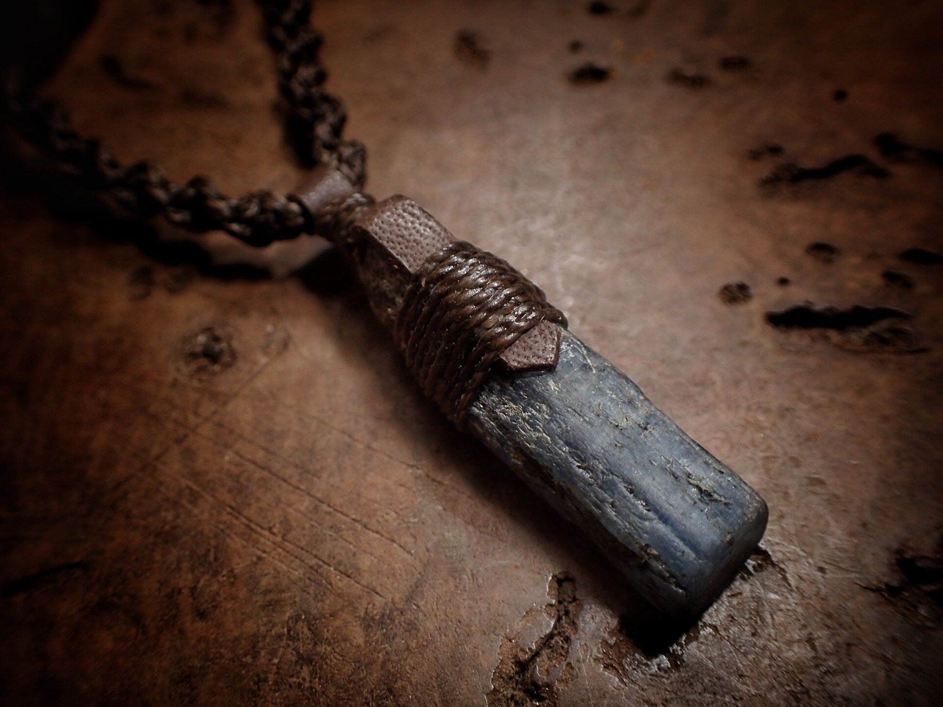Blue Australian Kyanite Crystal Pendant on Adjustable Hand Woven Macrame Style Necklace