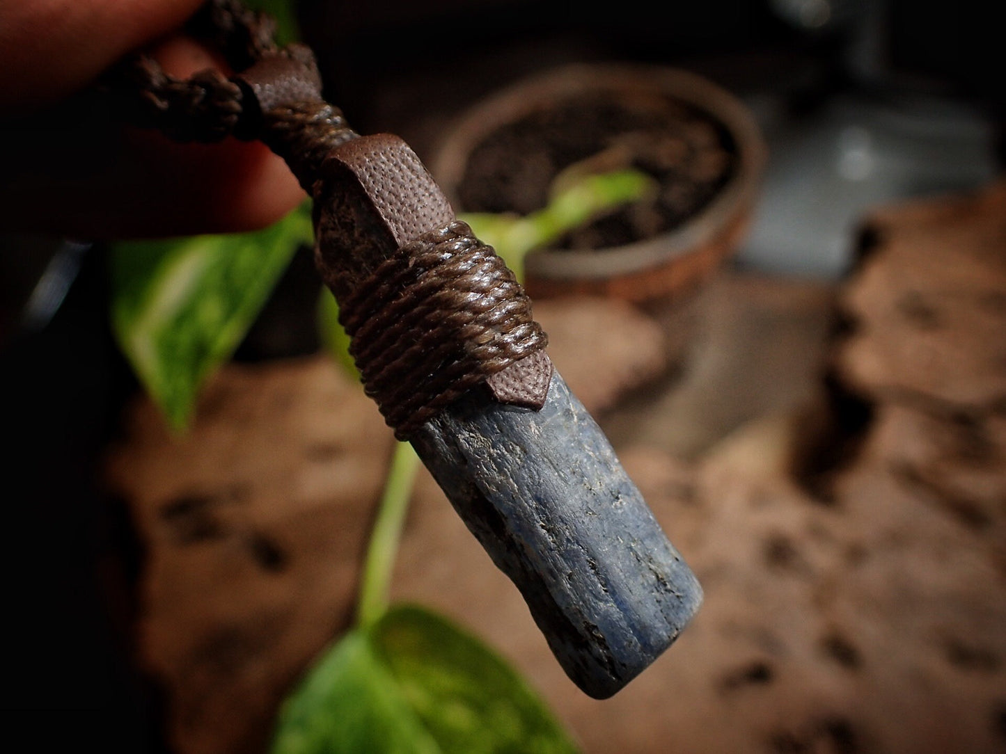 Blue Australian Kyanite Crystal Pendant on Adjustable Hand Woven Macrame Style Necklace