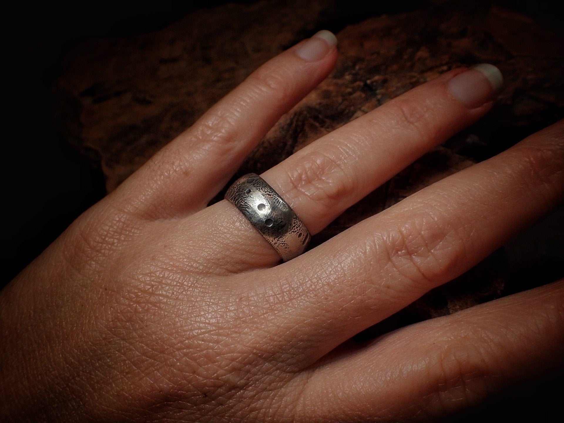 Moon Textured Sterling Silver Unique Rustic Rugged Ring / Band US Size 7
